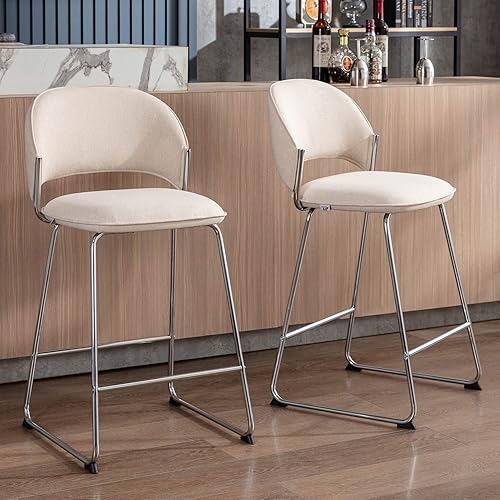 PSNL Modern Bar Stools 26”, Set of 2 Counter Height Barstools for Kitchen Counter with Back Upholstered Comfortable with Beige Fabric Seating, Metal Legs