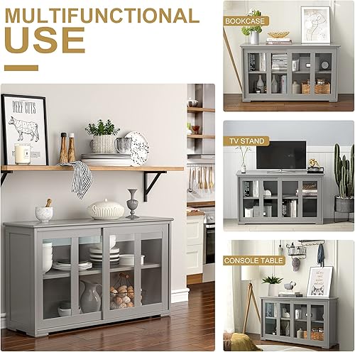 Miniatura 7 de Armario apilable para bufé, moderno aparador de cocina con puerta corrediza de vidrio templado, armario con estante ajustable, gabinete de piso de