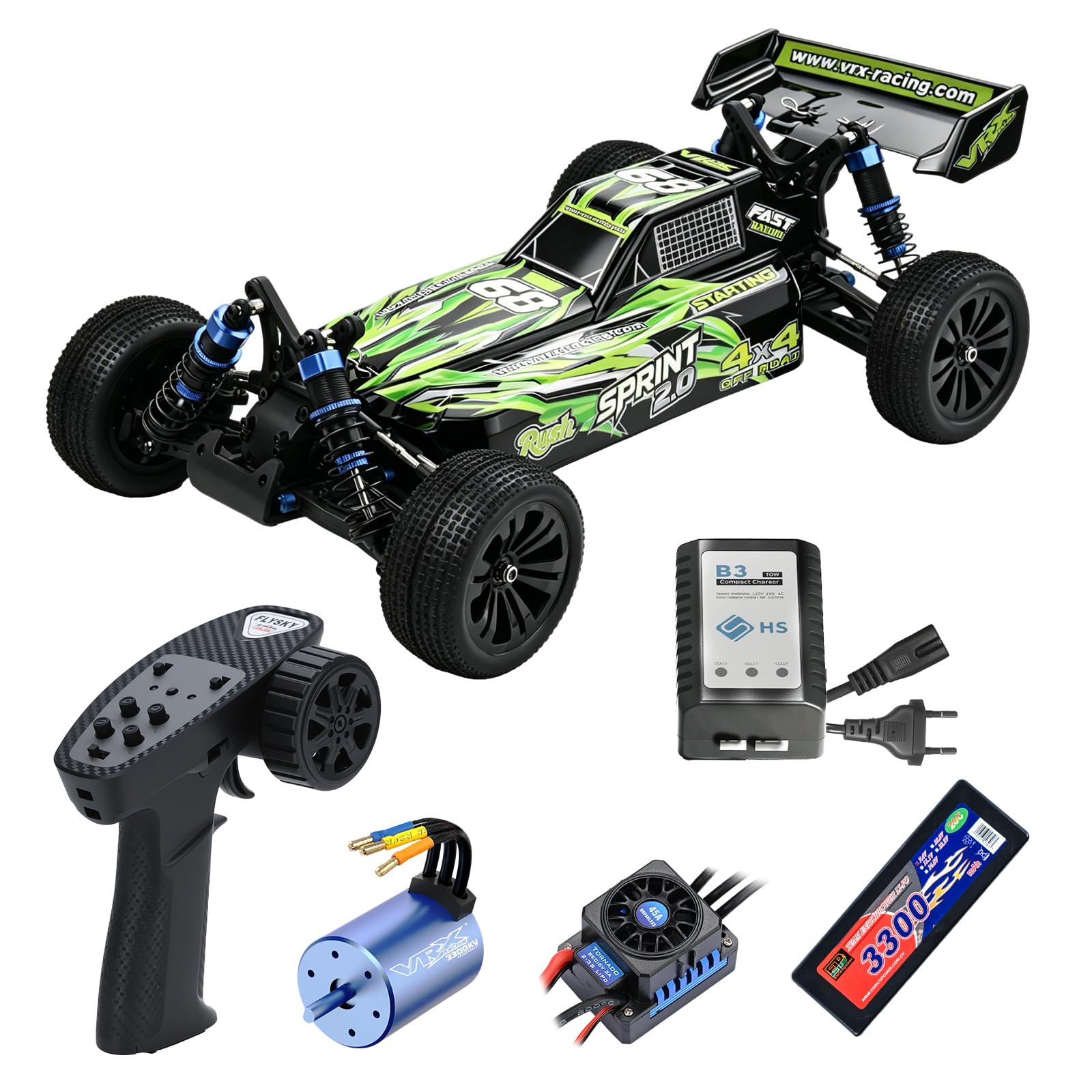 Sprint Brushless-RC-Buggy im Maßstab 1:10, 4WD-Offroad-RTR-Modell, bis 55 km/h, mit 45-A-Regler, Öldruckstoßdämpfern und 7,4-V-LiPo-Akku mit 3300 mAh