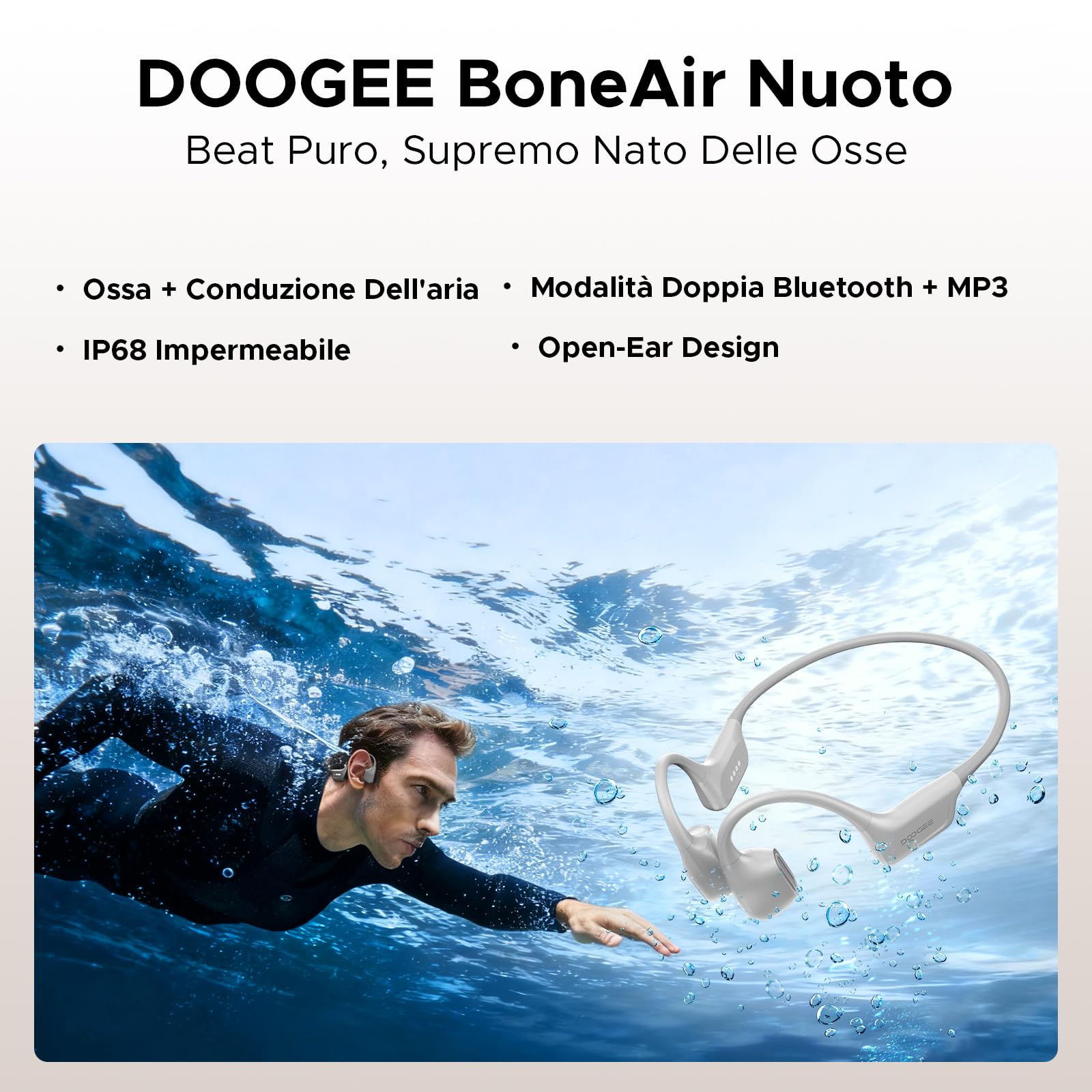 Cuffie a Conduzione Ossea Nuoto, 10H IP68 Impermeabili Sportivi Auricolari Conduzione Ossea 64GB MP3 Bluetooth 5.4 Nuoto, corsa e fitness,Grigio