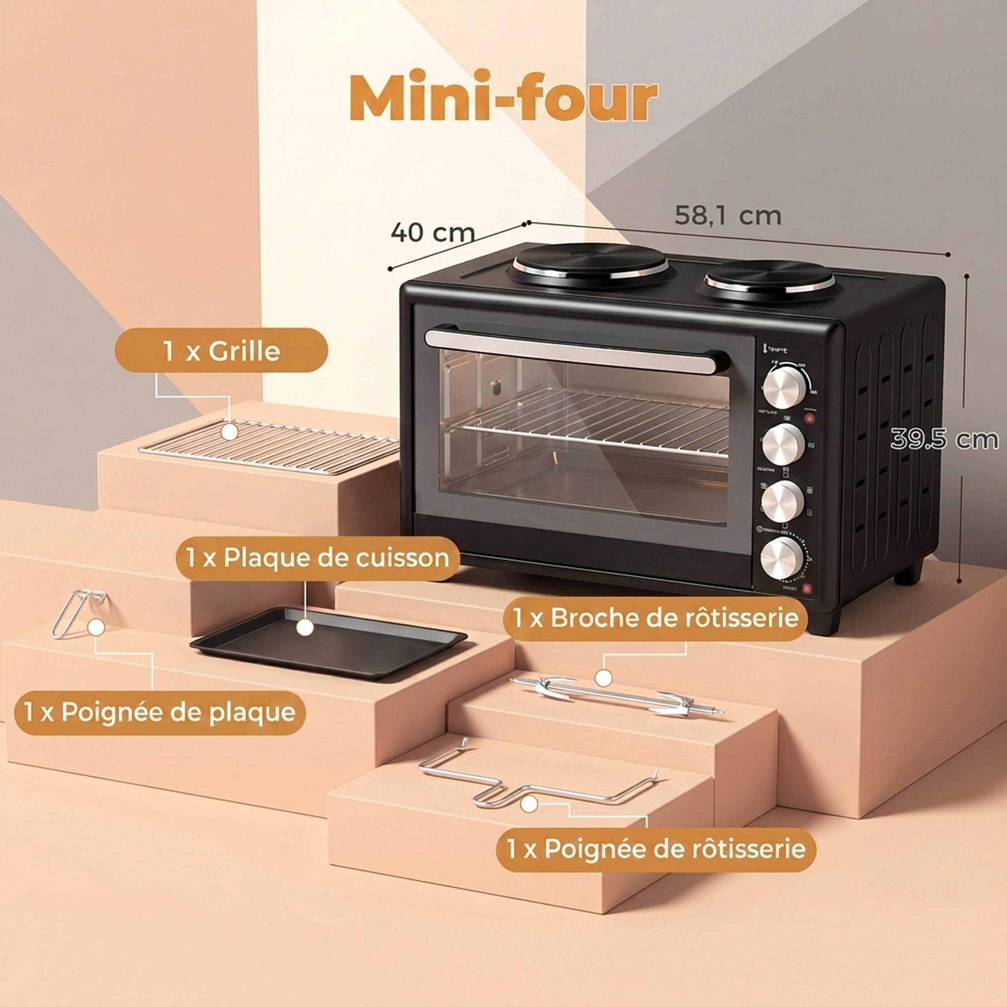 HOMCOM Mini-Four avec 2 Plaques de Cuisson, Broche Rotative, 46L, Noir