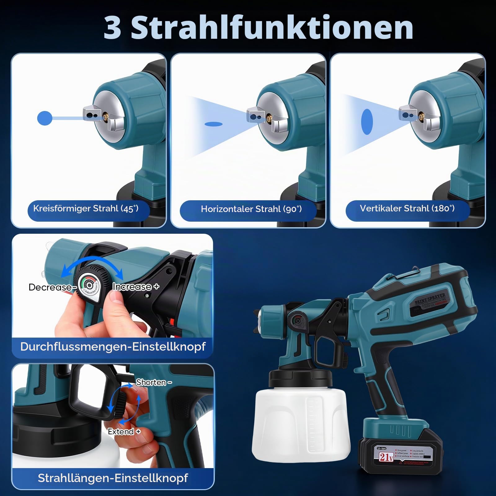 Akku Farbsprühsystem, Sprühpistole Wandfarbe mit 21V Akku, Akku Farbspritzpistole mit 5 Düsen, Akku Spritzpistole mit 2 x 4000mAh Akkus und Ladegerät für Zäune, Wände, Decken, Hausanstrich