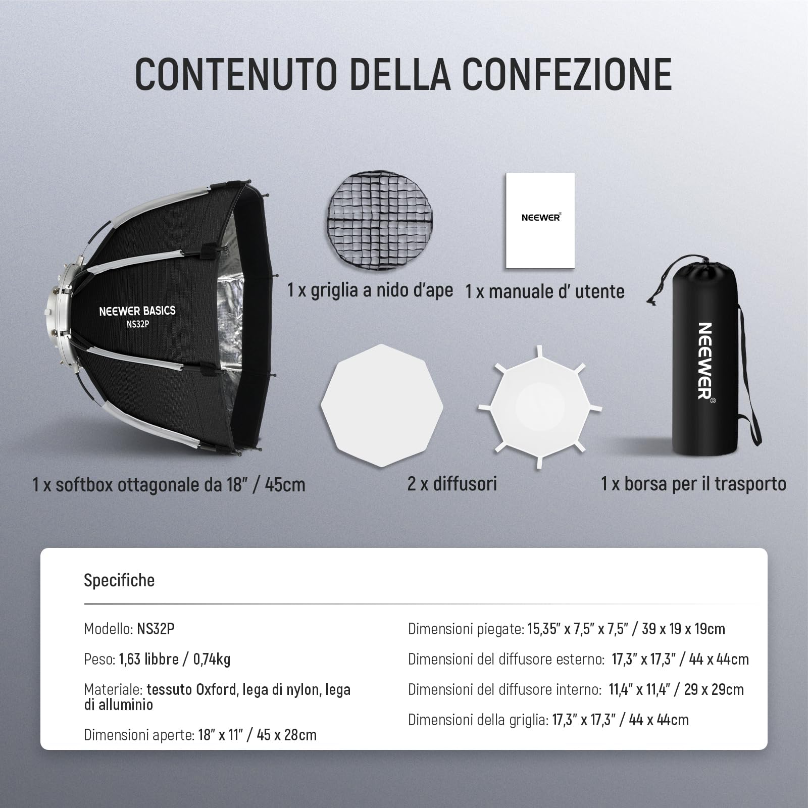 NEEWER BASICS Kit Softbox Ottagonale per Fotografia Studio Riprese Video Streaming, 45cm Soft Box Bowens a Sgancio Rapido/Griglia/Diffusori Luce/Borsa per Illuminazione Continua e Flash Strobo, NS32P