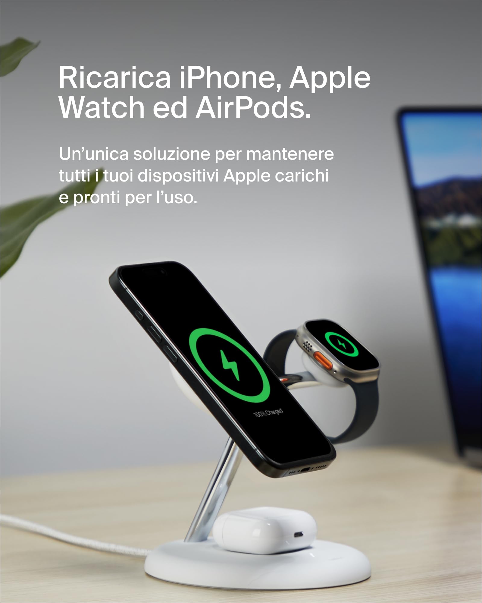 Belkin Supporto di ricarica wireless magnetica 3 in 1 con Qi2 (15 W), compatibile con MagSafe, caricatore rapido per iPhone 16/15/14/13, AirPods, Apple Watch e altri (alimentatore incluso) - Bianco