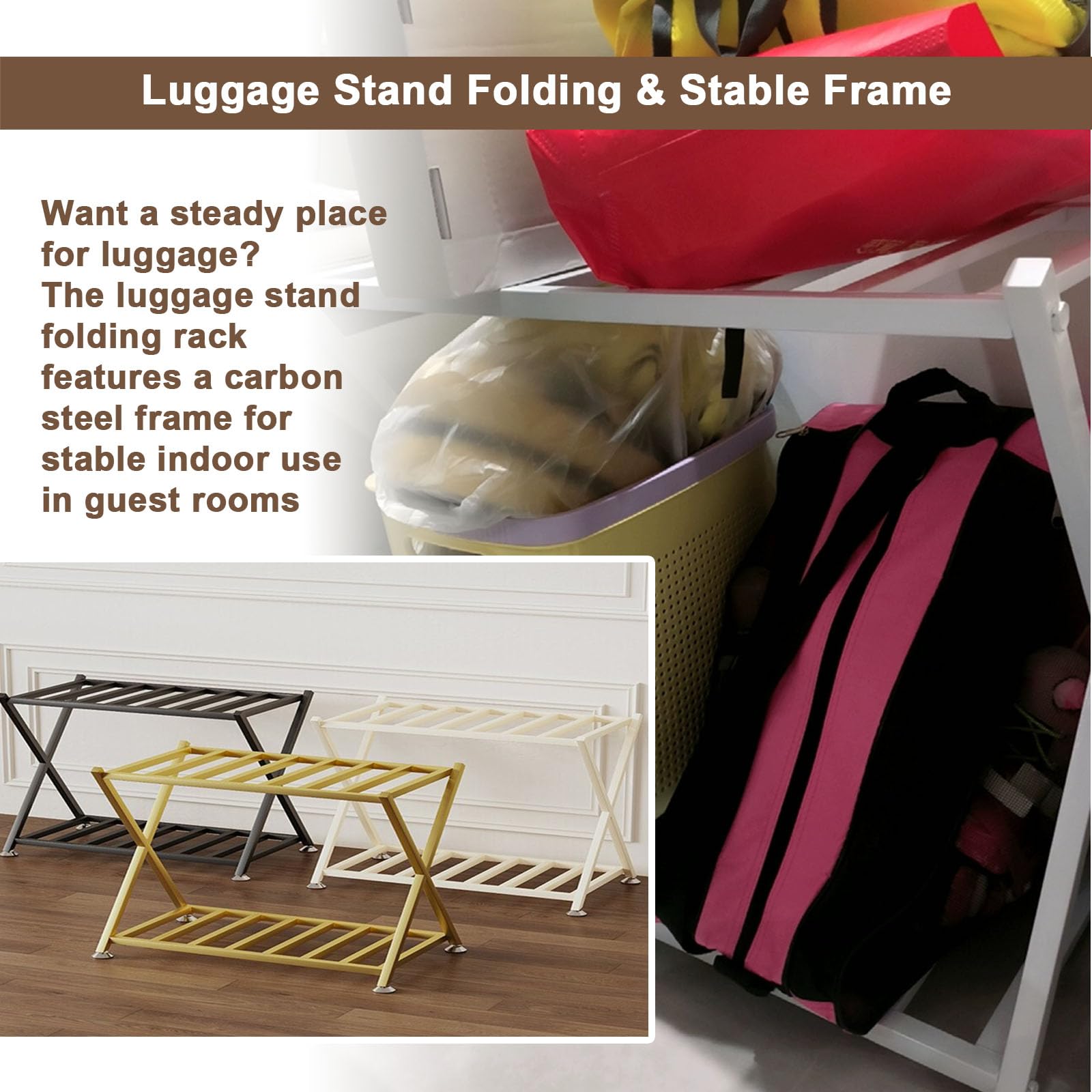 Soporte Plegable Para Equipaje, Estante De 2 Niveles De Acero Al Carbono Con Estante De Almacenamiento, Soporte Para Maletas Que Ahorra Espacio Para Habitaciones De Huéspedes, Dormitorios Y