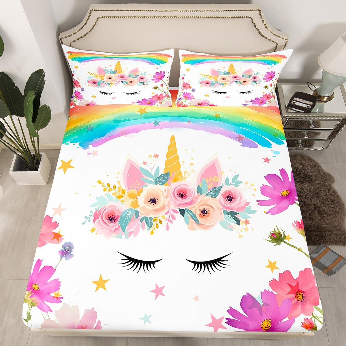 Homemissing Cartoon Unicorn Fitted Sheet Single Size For Kids Girls Teens Rainbow Bedding Set Princess Style Bed Sheet Set Pink Animal Sheet with 1 Pillowcase，No Flat Sheet
