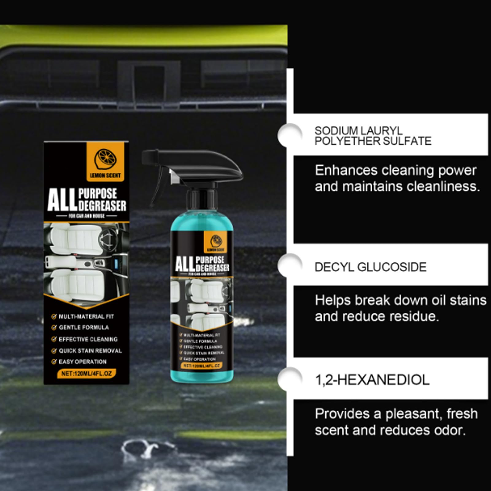 All Purpose Degreaser-All Purpose Cleaner for Car and House Lemon Scent Heavy-Duty Cleaning Spray Quick Stain Removal (2pcs)