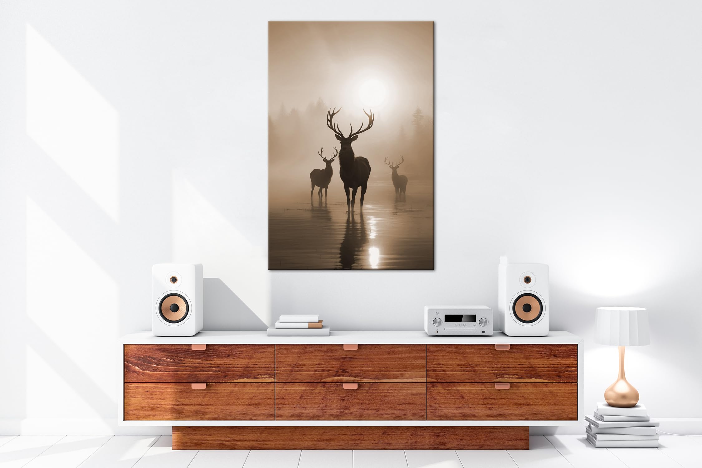 deyoli Silhouetten im Morgendunst – Hirsche im goldenen Nebel Format: 120x80cm Effekt:Sepia XXL Kunstdruck Motiv auf Holzrahmen/Leinwandbild/Wandbild/Wohnzimmer Dekoration