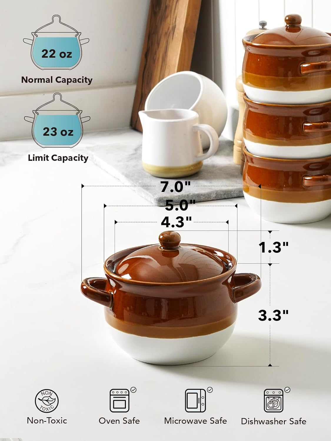 LE TAUCI French Onion Soup Bowls with Lid, 22 Oz French Onion Soup Crocks Oven Safe Ceramic Soup Bowls with Handles for Soup, Chili, Beef Stew, Cereal, Pot Pies, Set of 4