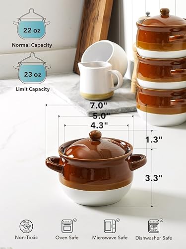 Miniatura 3 de LE TAUCI Tazones de sopa de cebolla francesa con tapa y asas, 22 onzas de cerámica, de cebolla francesa, tazones de servir aptos para horno, para