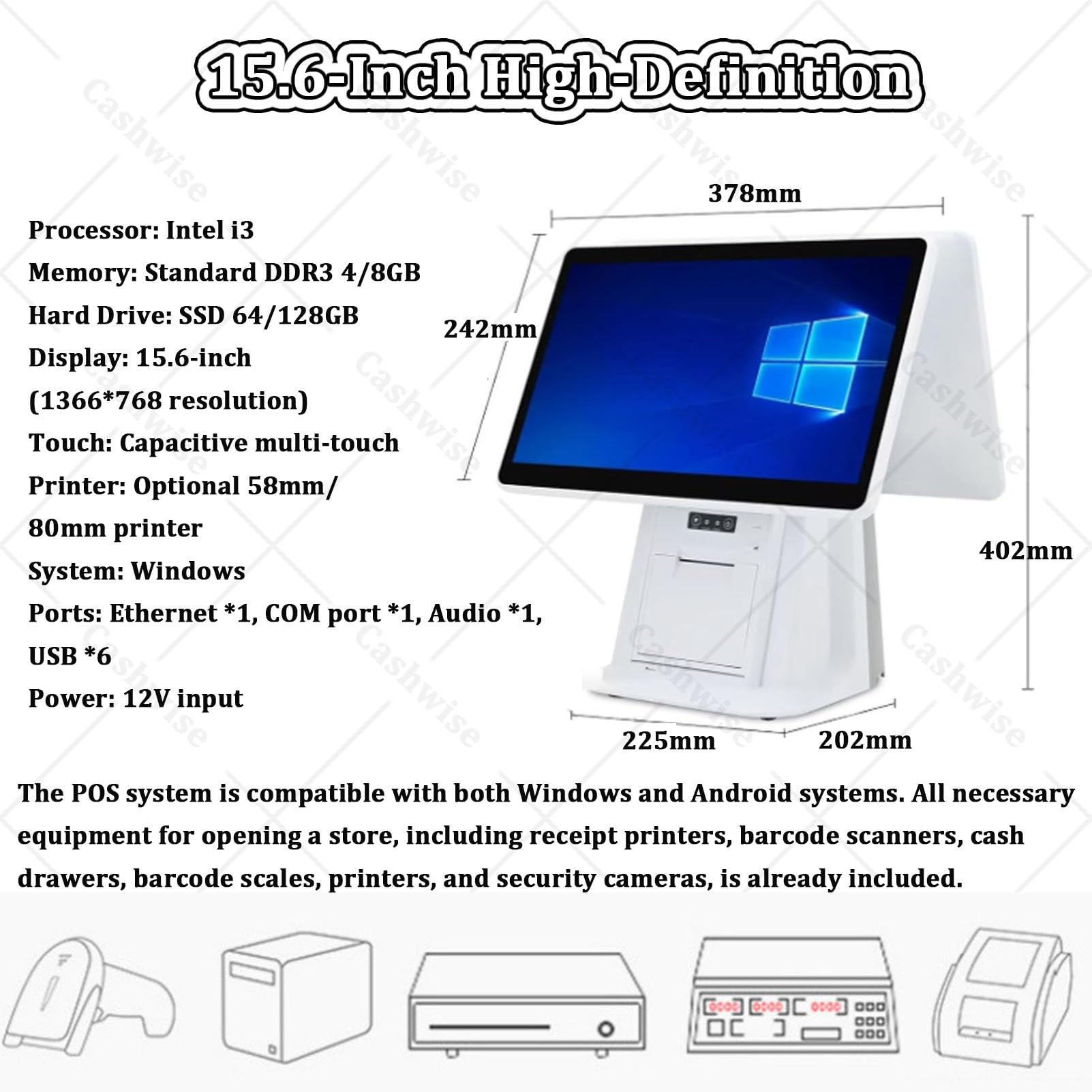 Terminal de point de vente pour petites entreprises avec double écran tactile de 15,6 pouces, Windows, caisse enregistreuse pour commerces de détail et restaurants, imprimante thermique 8G128G-80mm