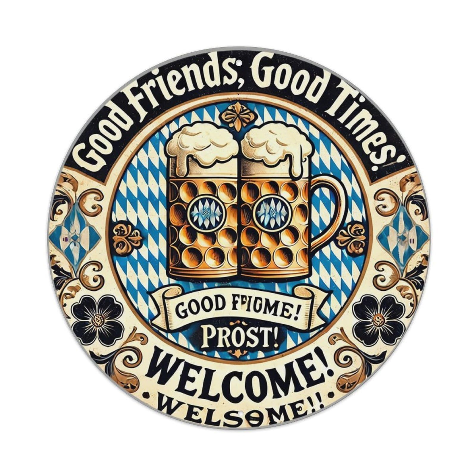 Bavarian Beer Mugs Pattern Vintage Round Tin Sign Retro Metal Wall Decor Metal Poster, Home Bar Garage Cafe Wall Art Decoration 8x8Inches
