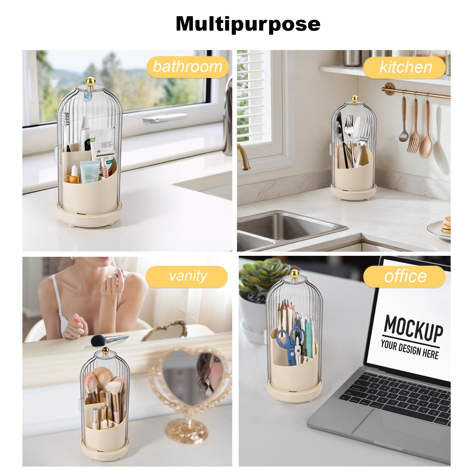 Drehbarer Zahnbürstenhalter mit Abdeckung, staubdichter Zahnbürstenhalter mit Schiebedeckel, elektrische Zahnbürste und Zahnpasta-Organizer für Badezimmer, Make-up-Pinselhalter für Schminktisch, Beige
