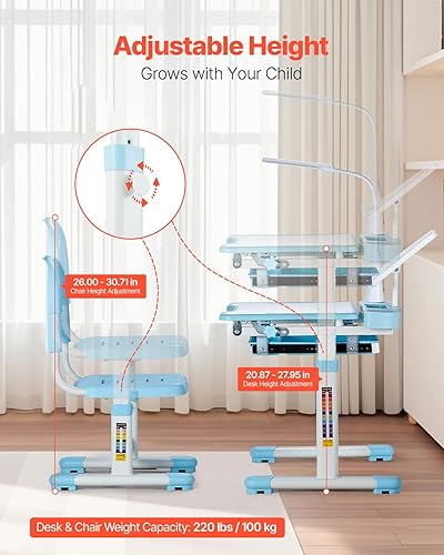 Miniatura 2 de VEVOR Juego de silla y escritorio de estudio para niños, escritorio de estudio y silla para niños con lámpara de mesa, altura ajustable y escritorio