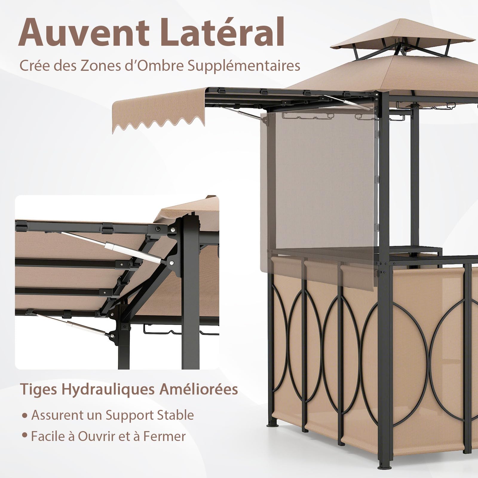 COSTWAY Tonnelle de Barbecue 3 Pcs Extérieur avec 2 Chaises Pliables Auvent, Ensemble de Bar de Jardin à Double Toit avec Table de Bar Étagères de Rangement en Métal, pour Jardin Cour (Marron)
