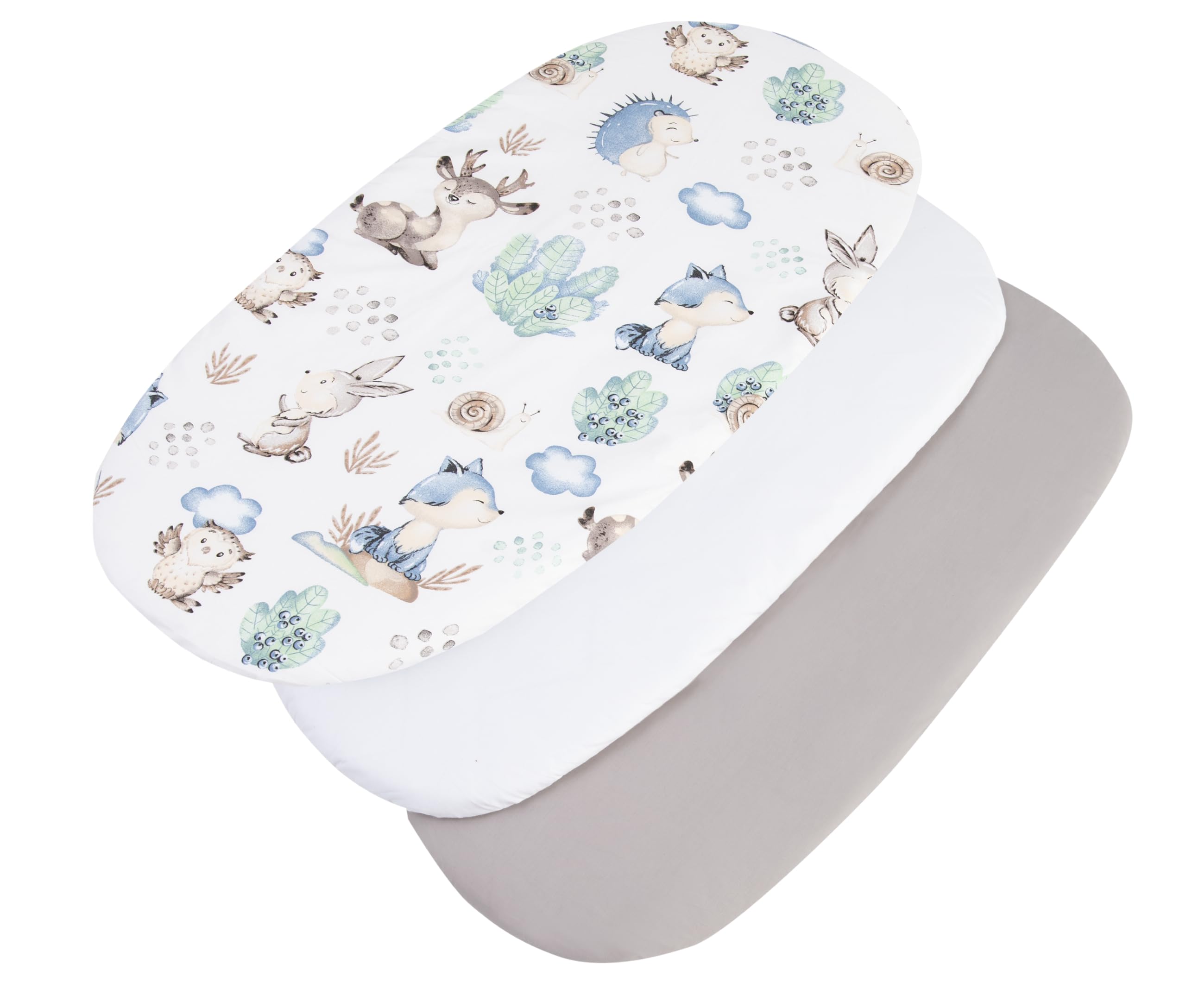 Medi Partners Set of 3 pcs. Fitted Sheet Pram 86 x 40 cm 100% Cotton Mattress Protector Baby, Deer and Hedgehogs-white-grey, Three pack