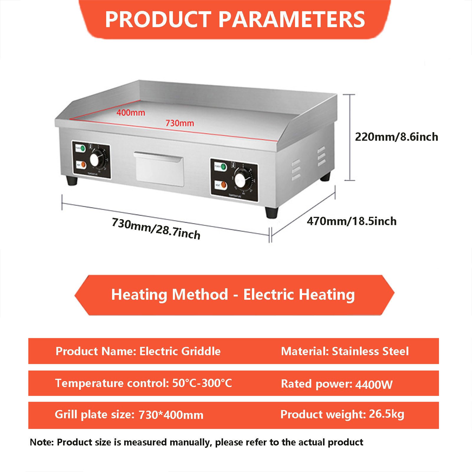 Piastra elettrica Commerciale e Piastra da banco Piatta e Padella per friggere bistecche e Pancetta in Acciaio Inox con manopola di Controllo della Temperatura, 660 * 400mm/730 * 400mm, 35,