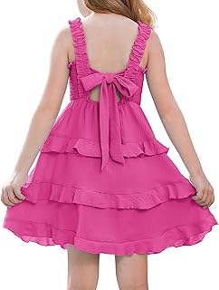 Girls Summer Dresses Tie Back Smocked A-Line Ruffle Hem Casual Elegant Midi Sundress Size 5-12 Years - Buy now