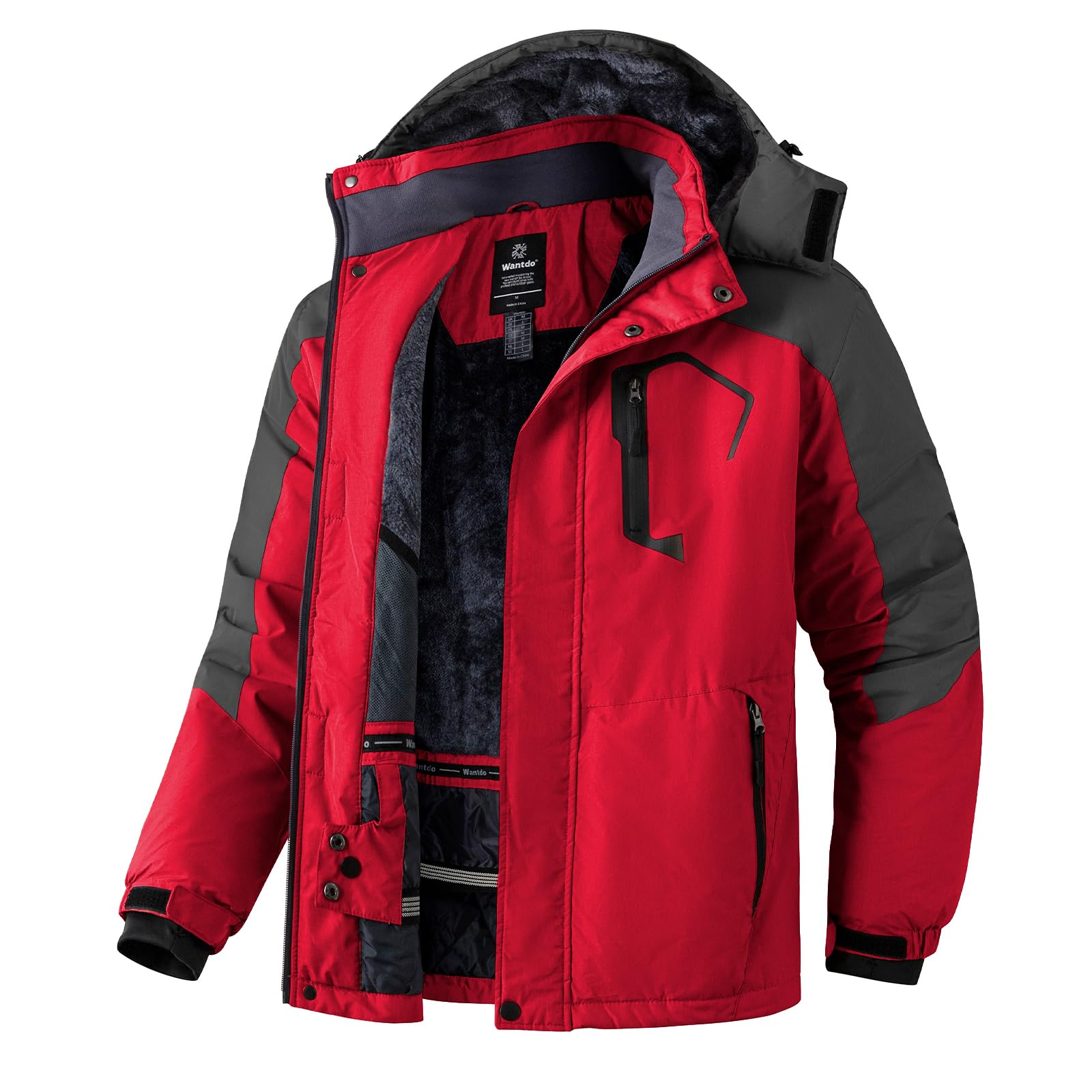 Wantdo Giacca da Sci Montagna Calda Invernale Parka da Neve Imbottita Cappotto da Snowboard in Pile Giubbotto con Cappuccio Impermeabile Uomo