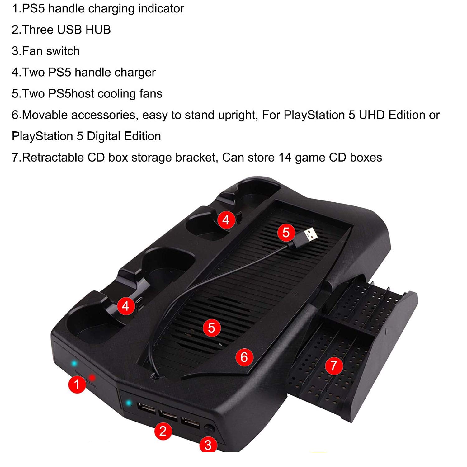 Supporto verticale ventola di raffreddamento per Playstation 5, caricatore doppio controller per PS5 Dualsense con indicatori LED e 14 slot per giochi per PS5 Digital Edition/Ultra HD