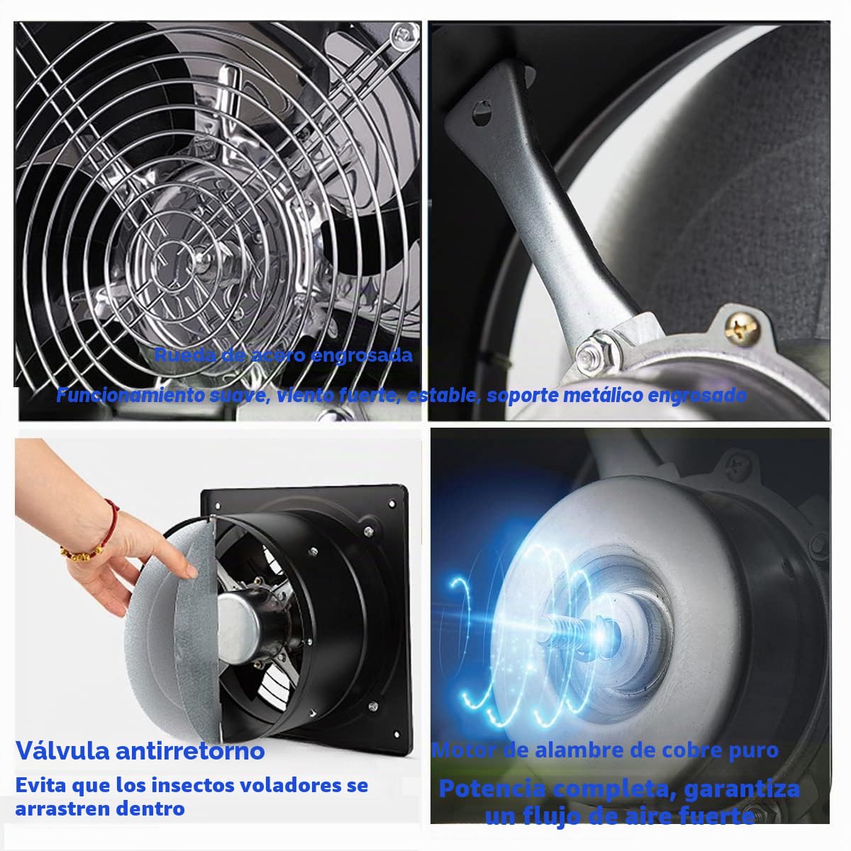 Ventilador axial de 80 W, 1250 m³/h, ventilador extractor de 200 mm, ventilador de metal industrial, para cocina y baño, para techo y pared, tamaño de placa: 250 x 250 mm