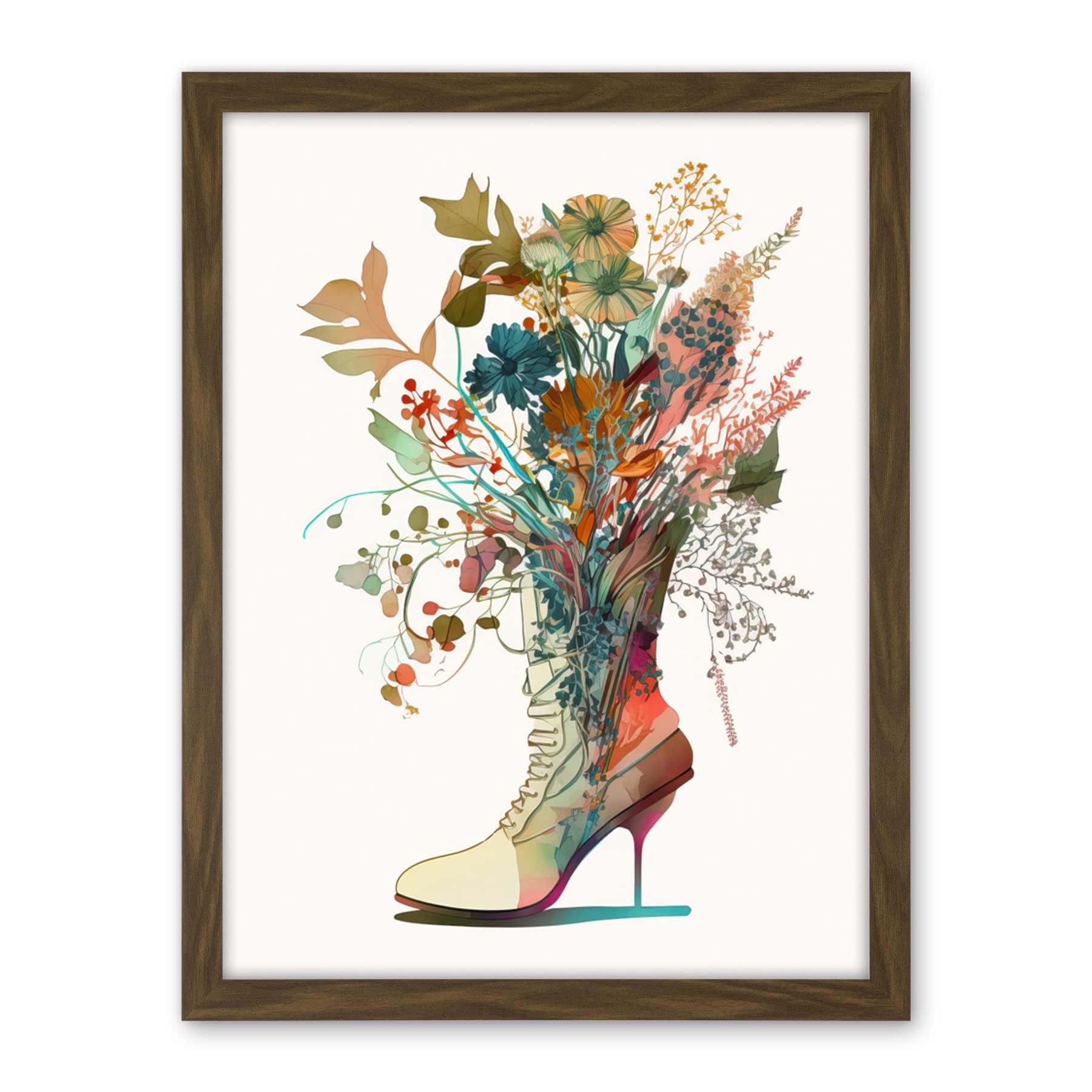 Artery8 Wildflower Bouquet in a Stiletto Heel Combat Boot Artwork Framed Wall Art Print 18X24 Inch