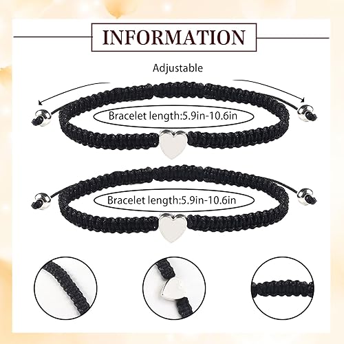 Miniatura 2 de 2Pcs Black Heart Bracelets, Handmade Woven Thread String Stainless Steel Love Protection Bracelet Adjustable Rope Braided Jewelry for Mothers &