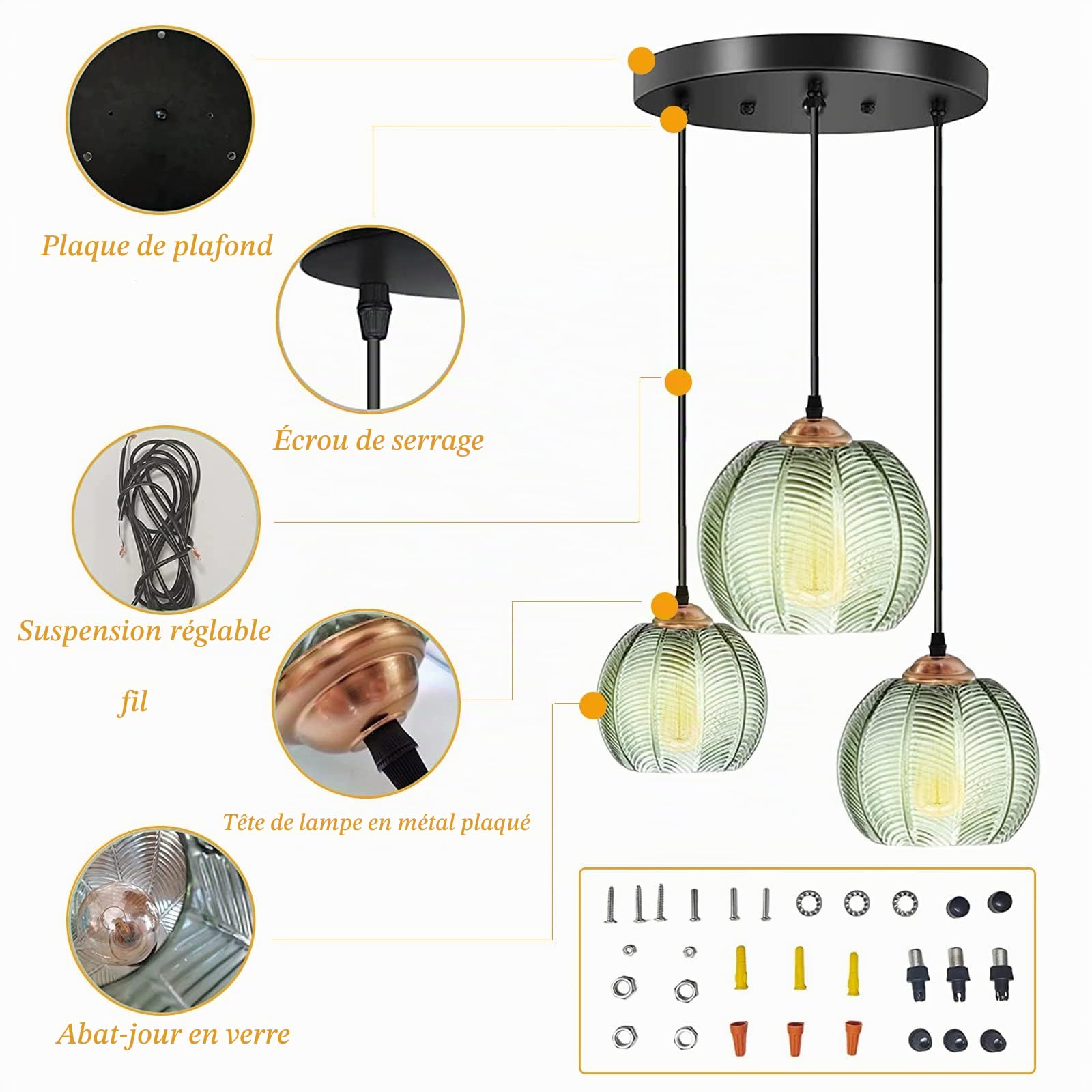 Suspension en Verre Vert Clair Suspension Luminaire Abat-jour Verre Art Déco Lampe Salon Salle à Manger,Cordon Réglable,Luminaire Suspendu pour Chambre à Coucher, Salon, évier de Cuisine (3SET)