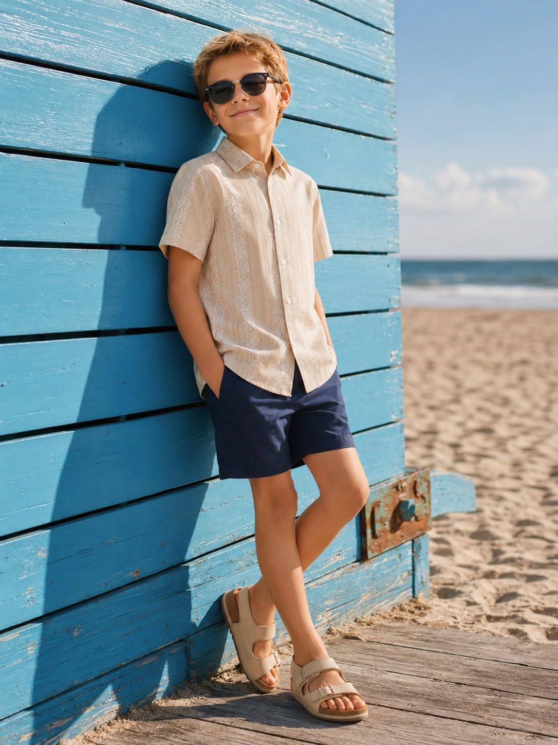 Weecreeture Boys Button Down Hawaiian Shirt, Embroidered-Look Stripes