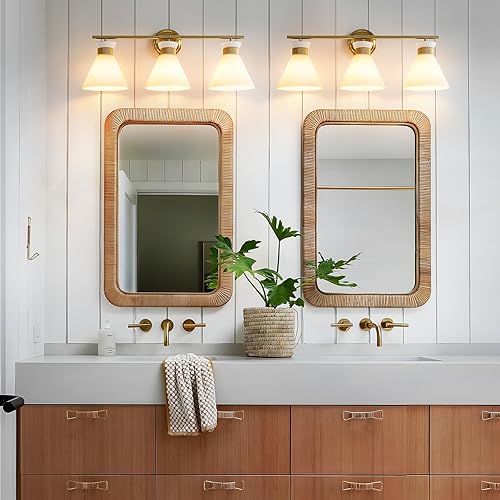 Miniatura 6 de WOSHITU Lámparas de tocador de baño 3 luces de mediados de siglo modernas luces de tocador para baño sobre espejo, iluminación de pared de oro