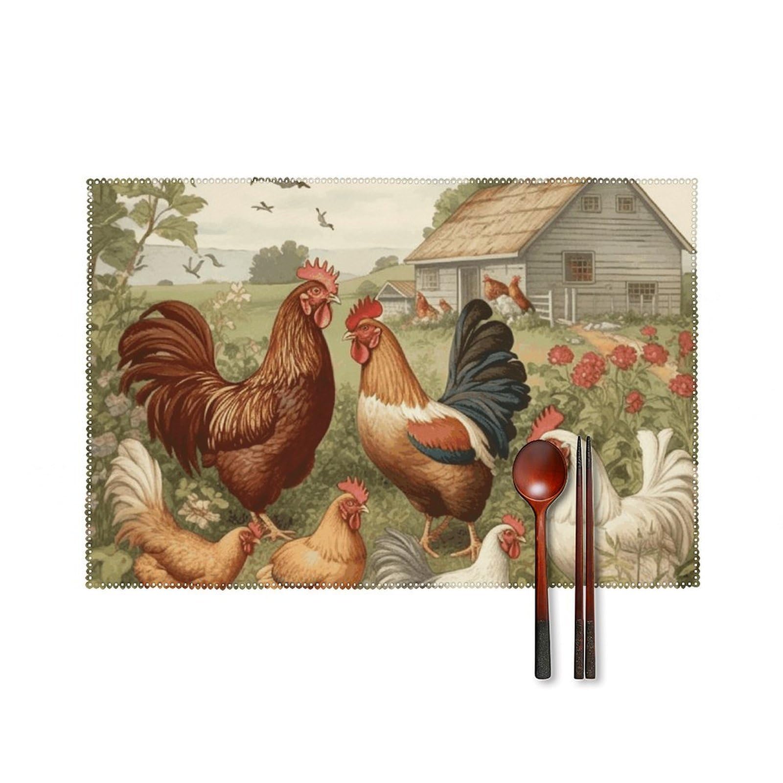 Chickens and Farm Placemats Set of 6 Wipeable Table Mats for Kitchen Dining Table Heat Resistant Waterproof Modern Indoor/Outdoor Non-Slip Easy Clean Place Mats