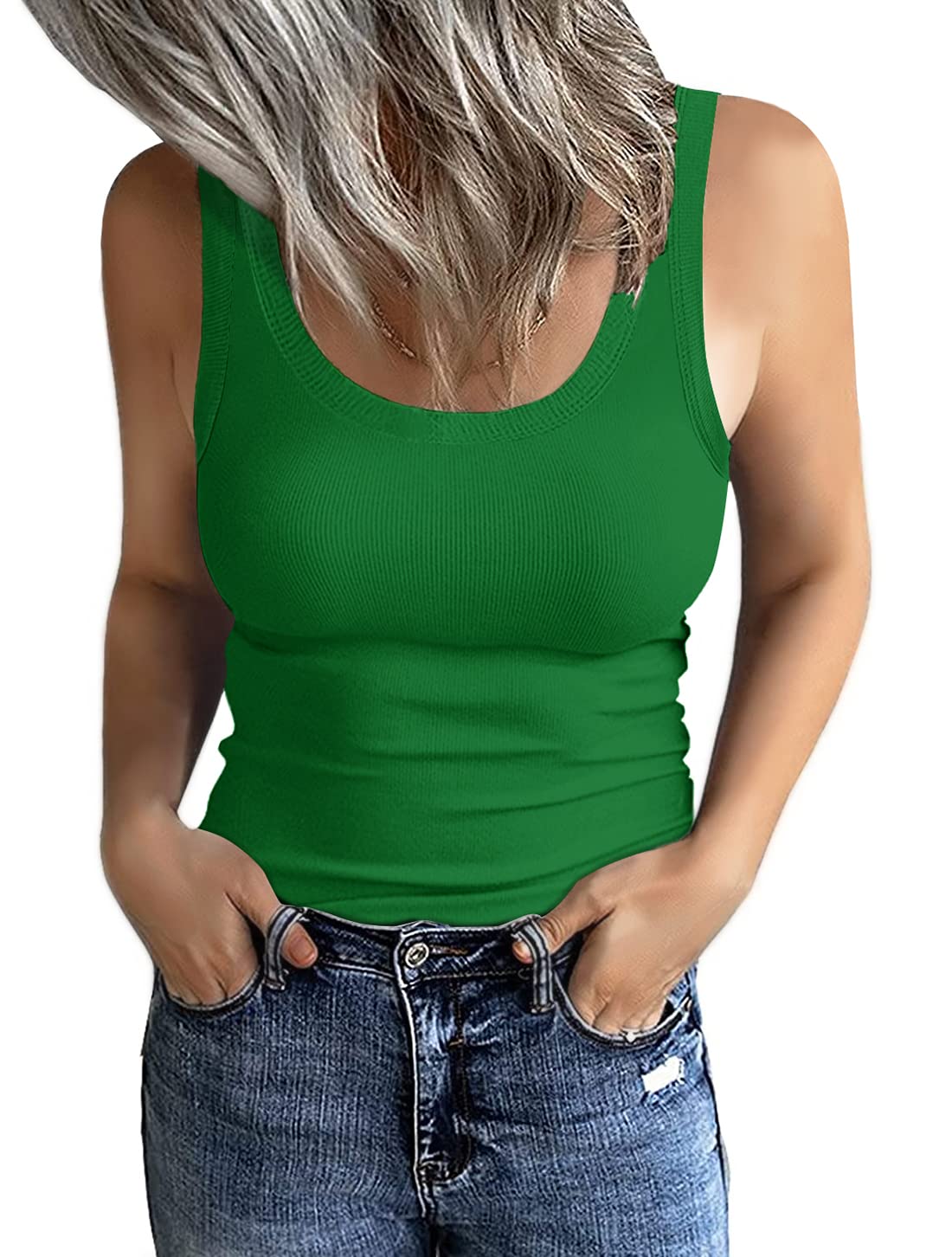 GEMBERA Women's Sleeveless Scoop Neck Ribbed Tank Tops Fitted Basic Cami Tee Shirts