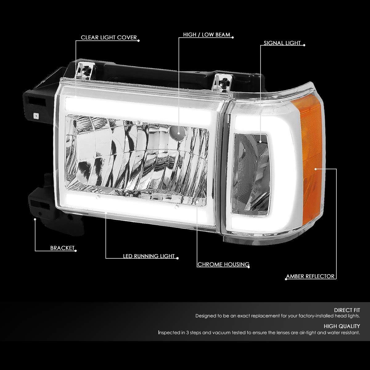 DNA MOTORING Headlamps Headlight Assembly Compatible With Ford Bronco F150 F250 F350 1987-1991, Left & Right, Chrome/Amber, HL-LB-F15087-CH-AM