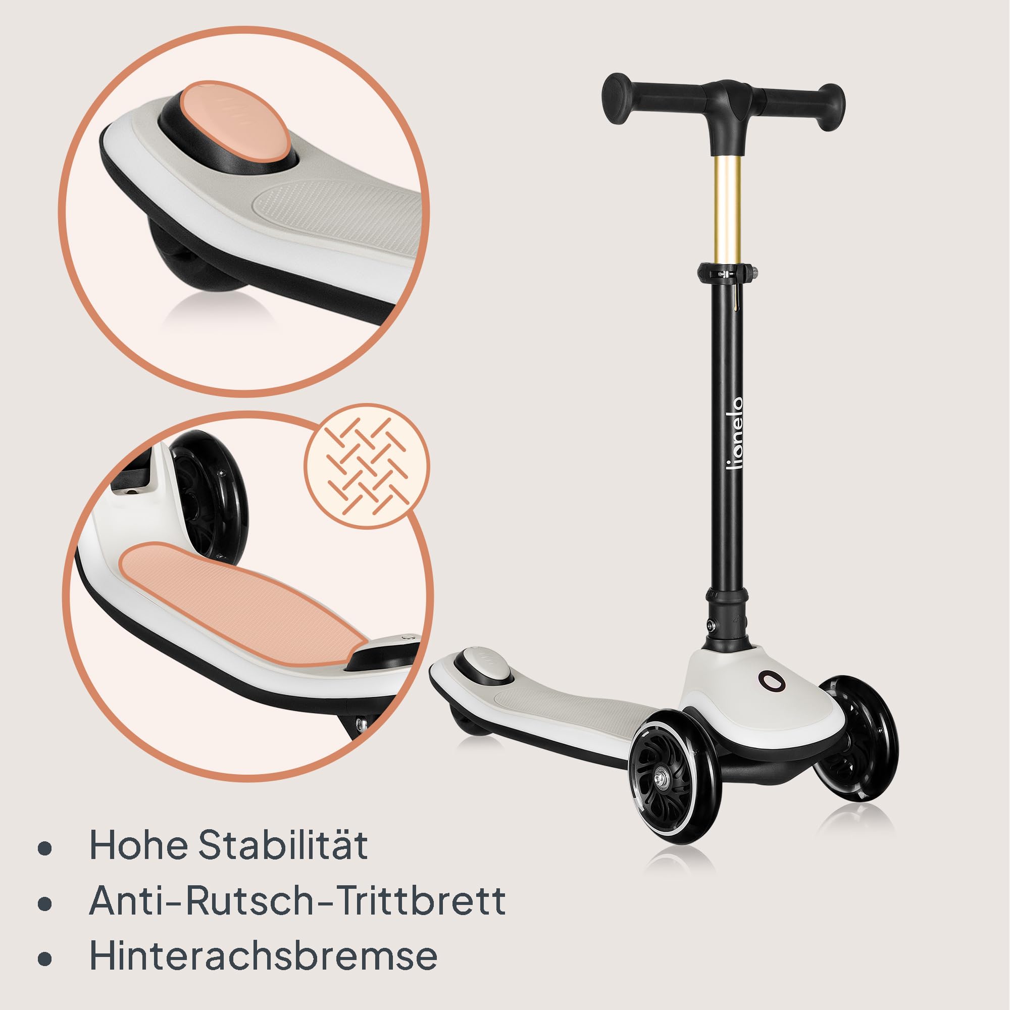 LIONELO MEY Kinder-Balance-Roller ab 3 Jahren bis 50 kg, dreirädriger Kinder-Roller mit Höhenverstellung, rutschfestes beleuchtetes Trittbrett und LED-Räder, Korb