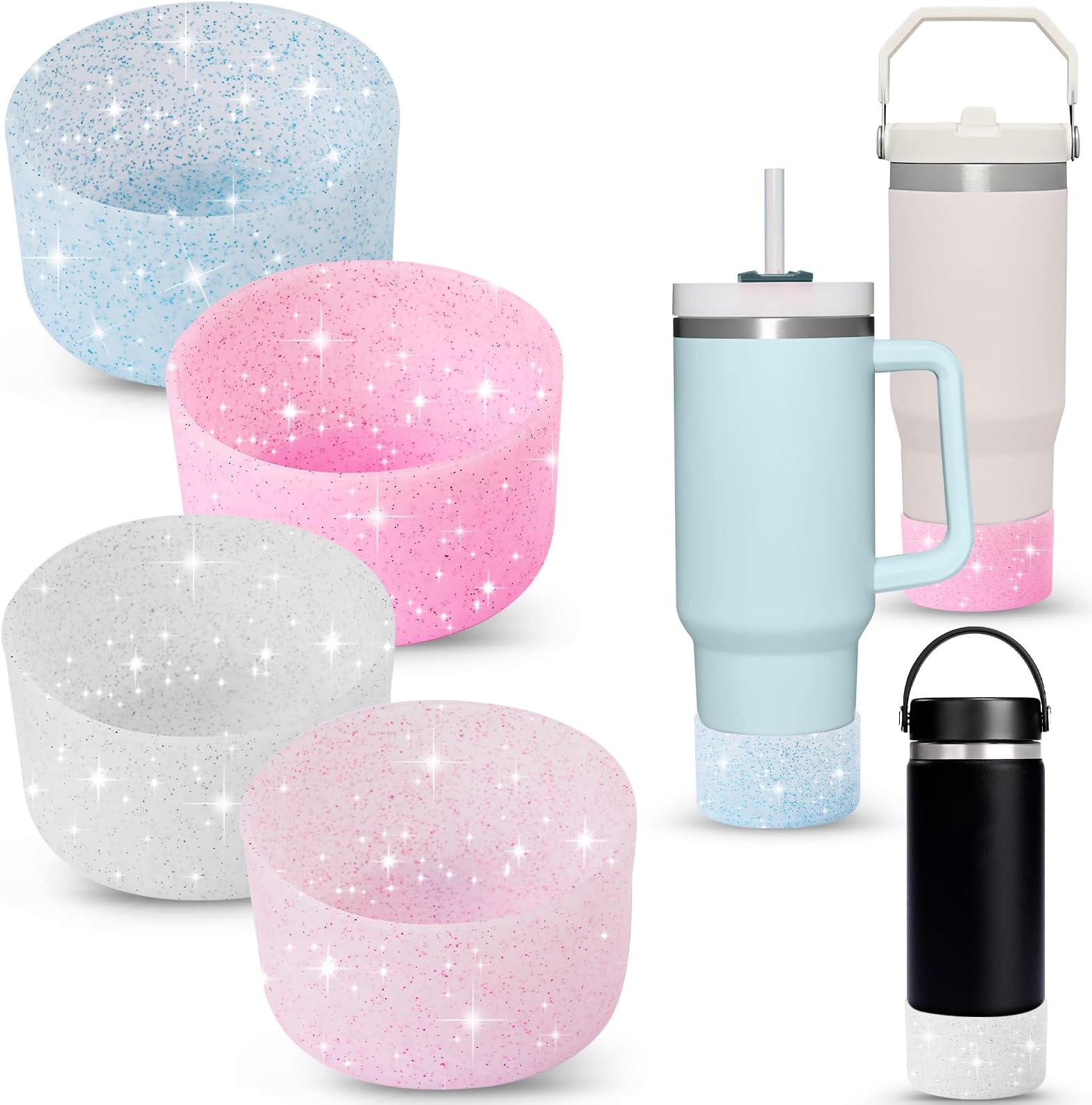 4-Pack Protective Glitter Silicone Boot for Stanley Quencher 20-40 oz and Hydroflask 12-24 oz,Compatible with All Water Bottles with Bottom Width of 2.85-3.56in
