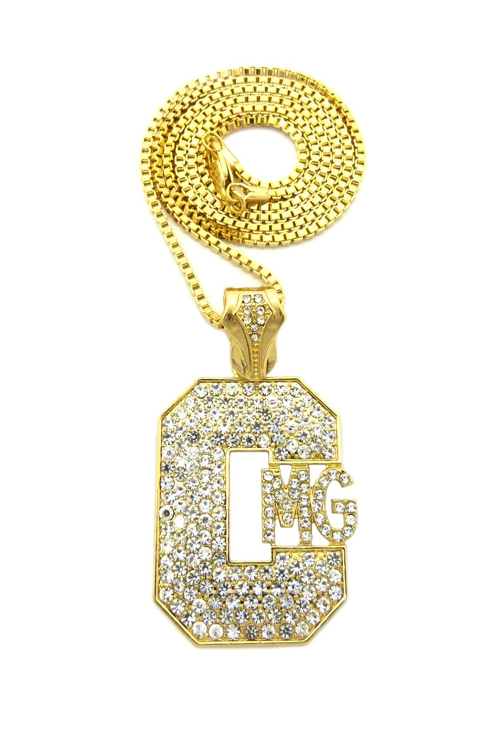 Crescendo SJ INC NEW ICED OUT 'CMG' PENDANT &2mm/24 BOX CHAIN HIP HOP NECKLACE - XZ134BXG