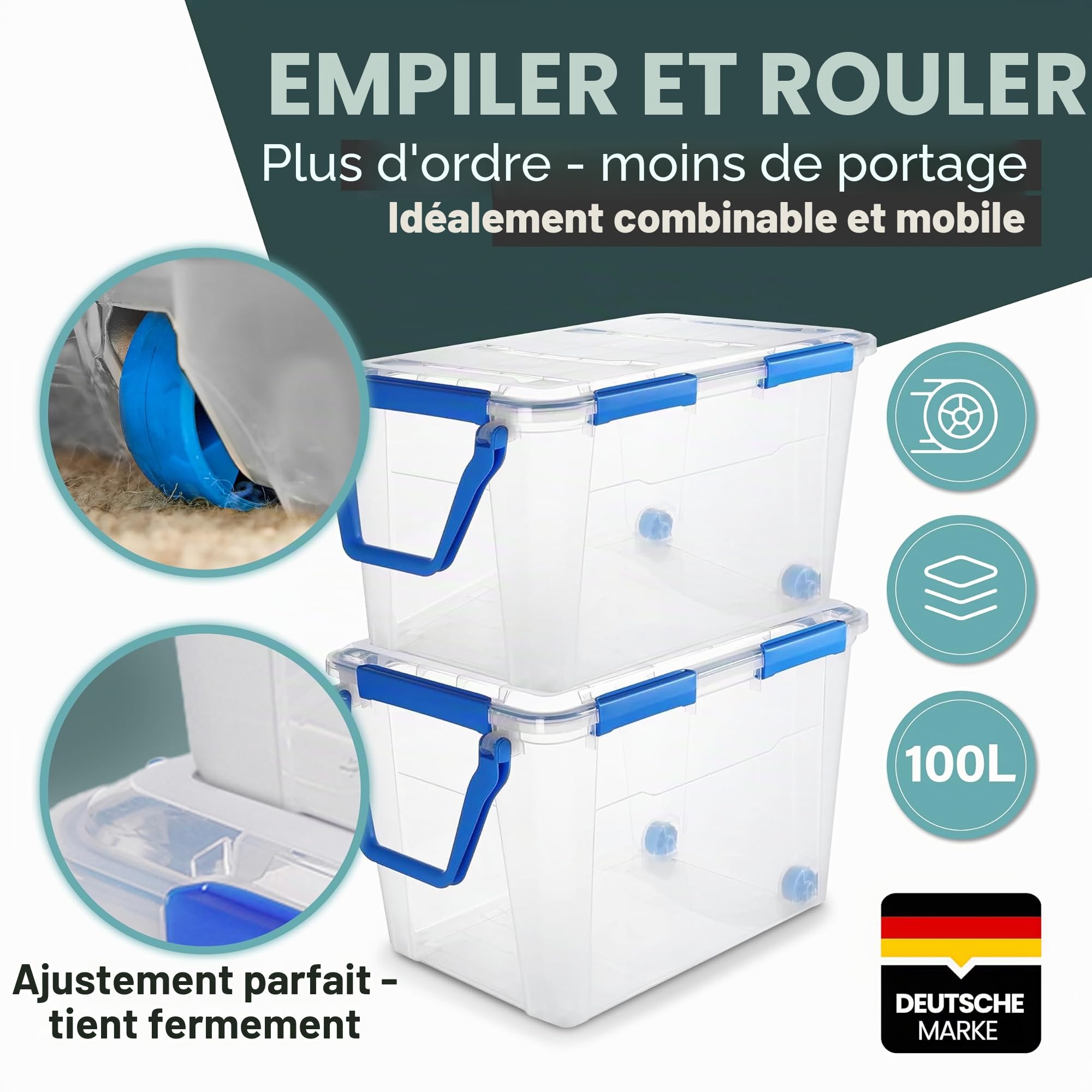 Kreher Boîte de rangement 100 litres avec couvercle, étanche, résistante à la poussière, transparente et empilable, sans BPA et sans substances nocives, boîte en plastique robuste avec joint en