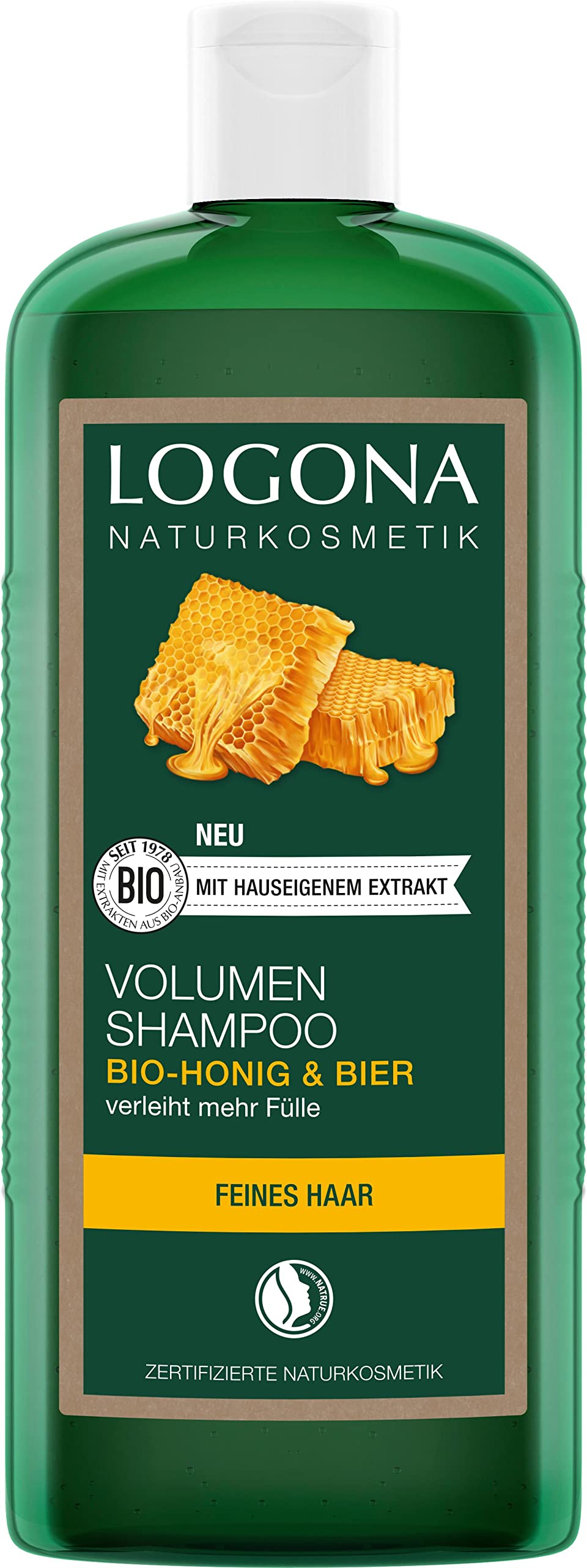 LOGONA Naturkosmetik Volumen Shampoo für natürlich volles Haar, Geeignet für feines Haar, Pflegendes Haarshampoo mit Bier und Bio Honig, 1 x 500 ml