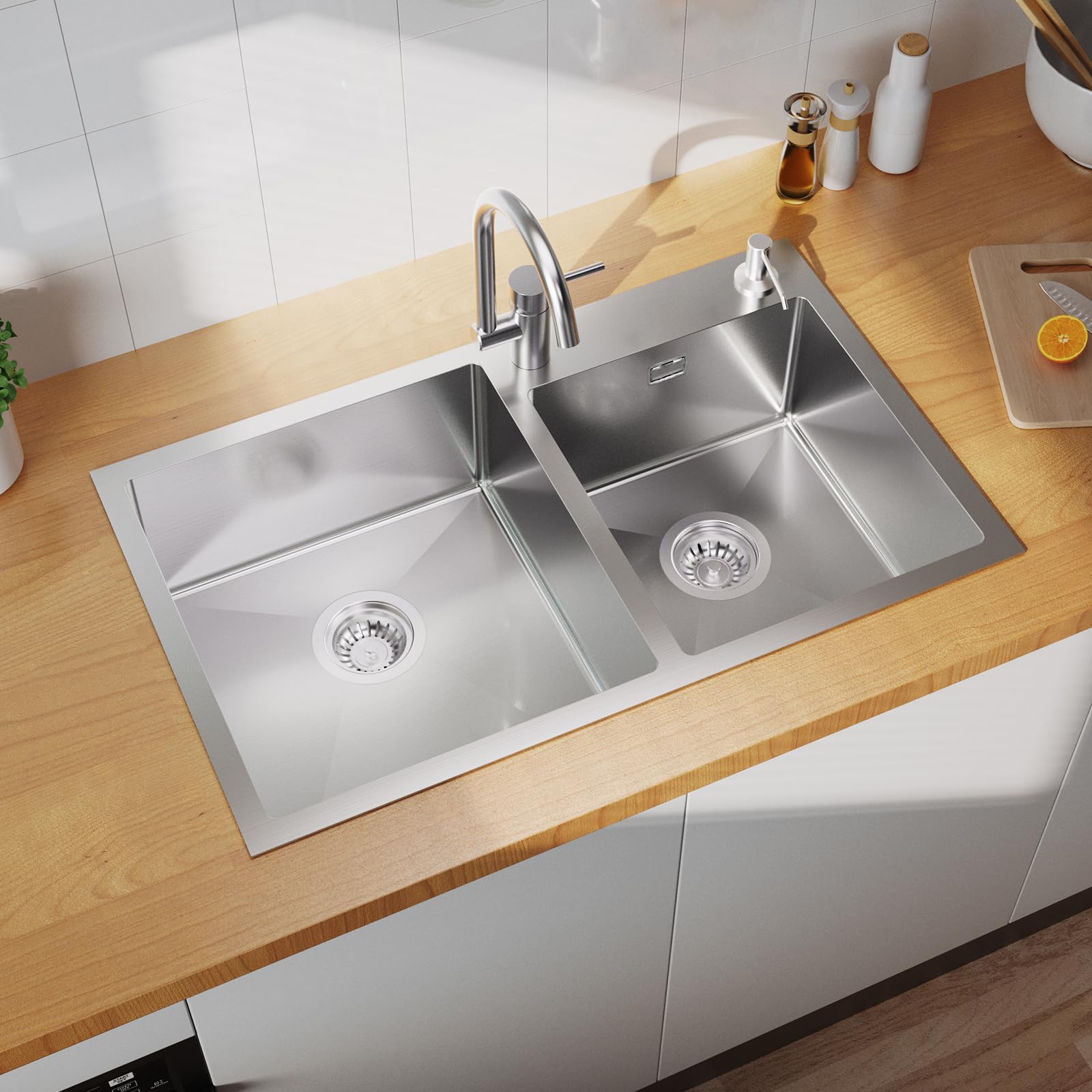 CECIPA Lavello Cucina 2 Vasche in Acciaio Inox - 75x45 cm, Lavabo Cucina Include Dispenser Sapone, Sifone e Gruppo di Scarico