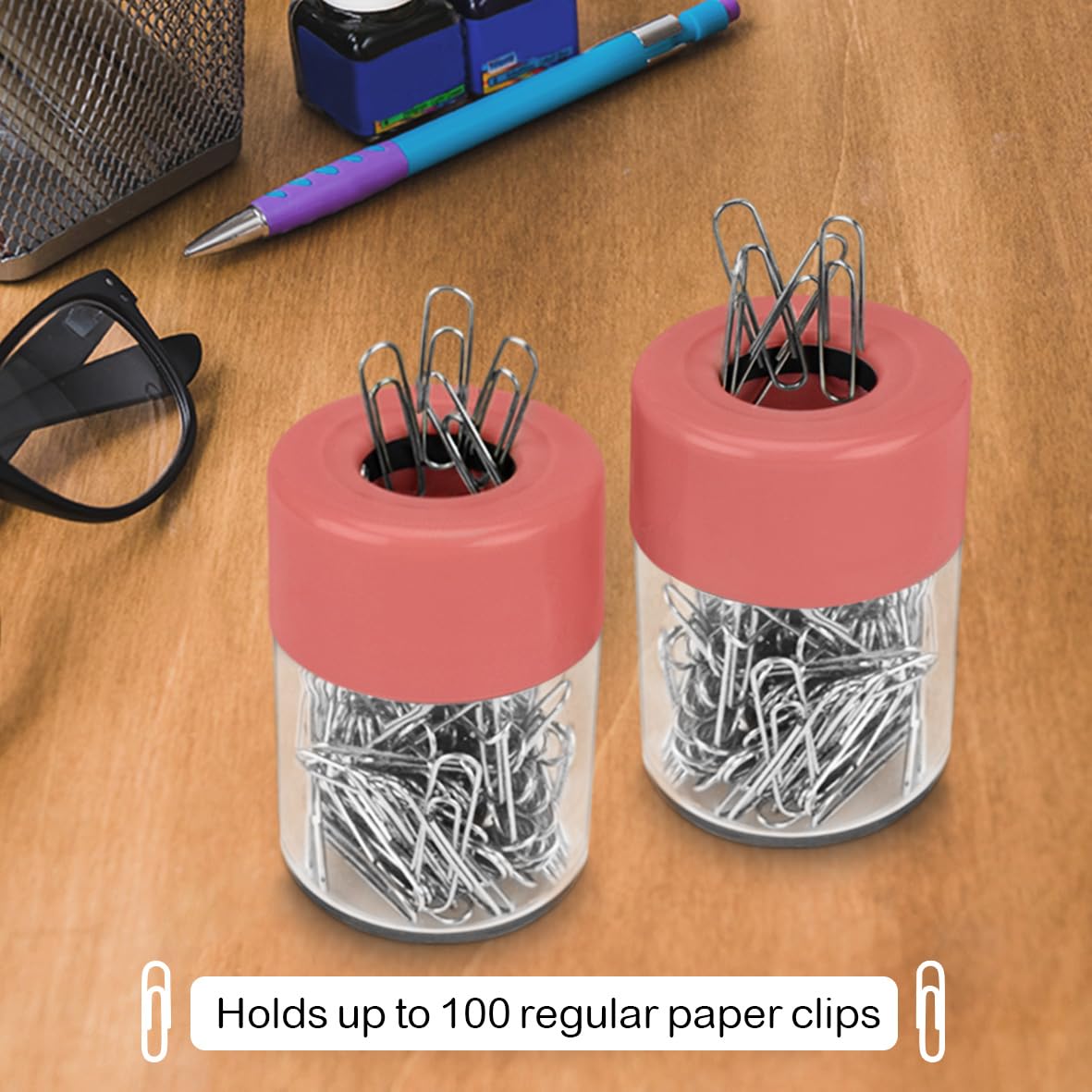 Acrimet Magnetischer Büroklammer-Spender, rundes Design, 100 normale Büroklammer-Kapazität (transparenter Kristallboden/rosa magnetischer Deckel) (2 Stück)