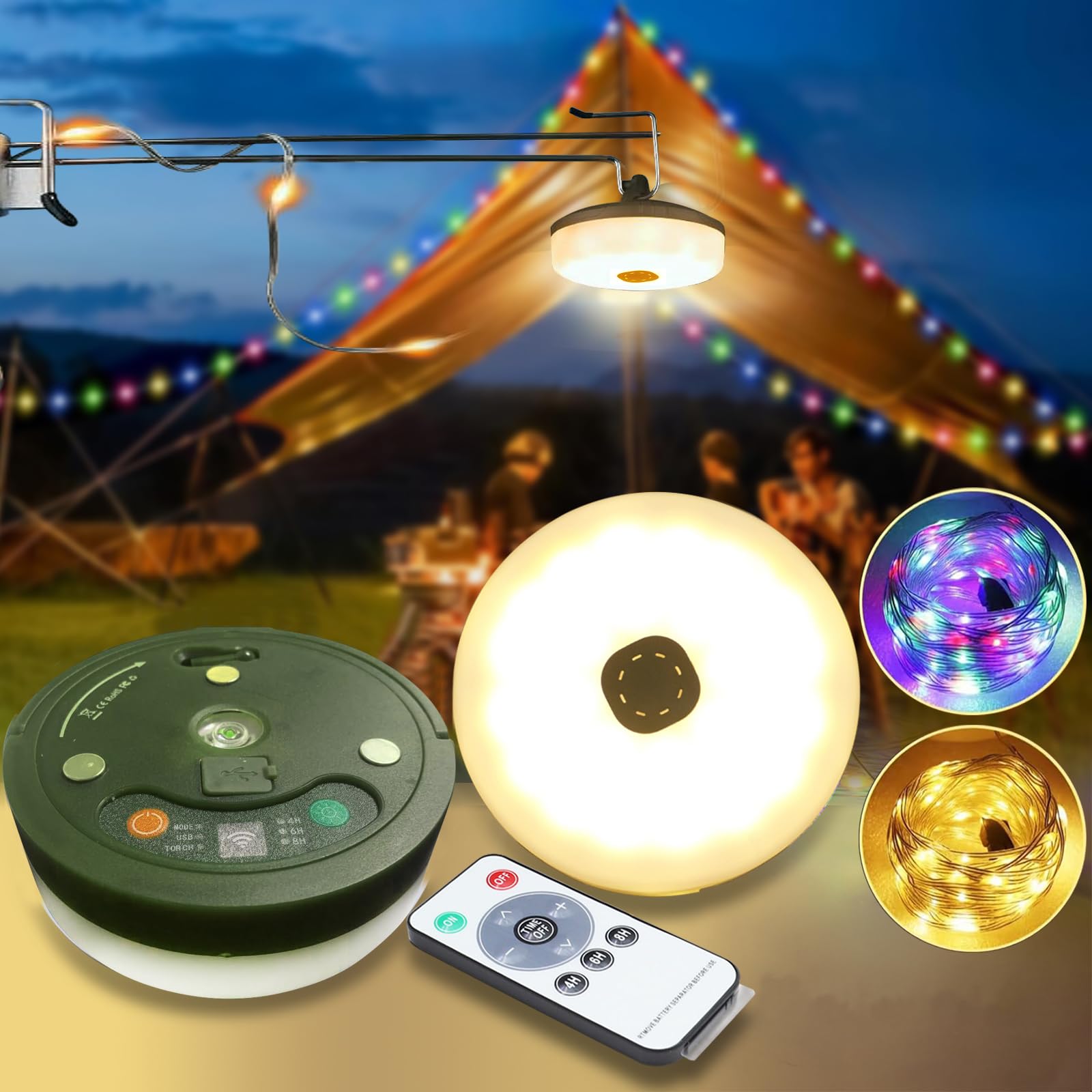 Camping Fairy String Lights with Remote Control,4 in 1 Outdoor String Lights with 8 Lighting Modes, Quick Storage