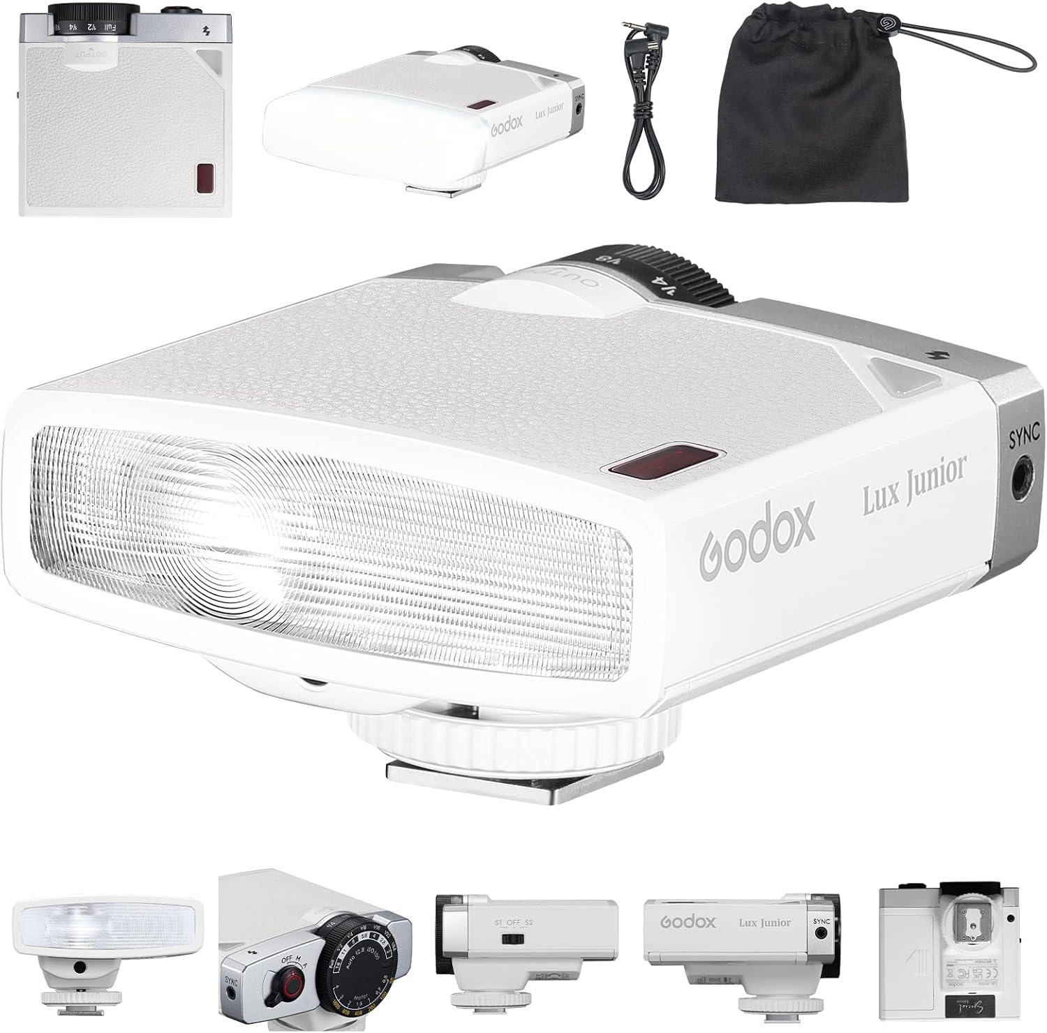 Godox Lux Junior Retro Camera Flash with Diffuser, Speedlite GN12 6000K±200K CCT, Automatic and Manual Modes 1/1-1/64 Flash Power, 28mm Focal Length for Canon Nikon Sony Fuji Olympus Cameras - White