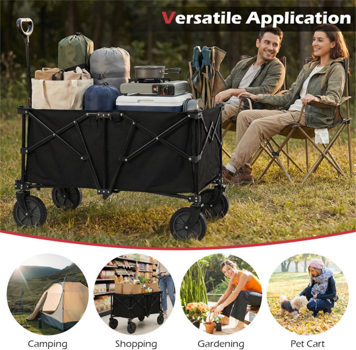 Black Heavy-Duty Foldable Truck with All Terrain Wheels, 180 Liter Capacity Foldable Multi-Purpose Vehicle, Used for Camping and Shopping carts