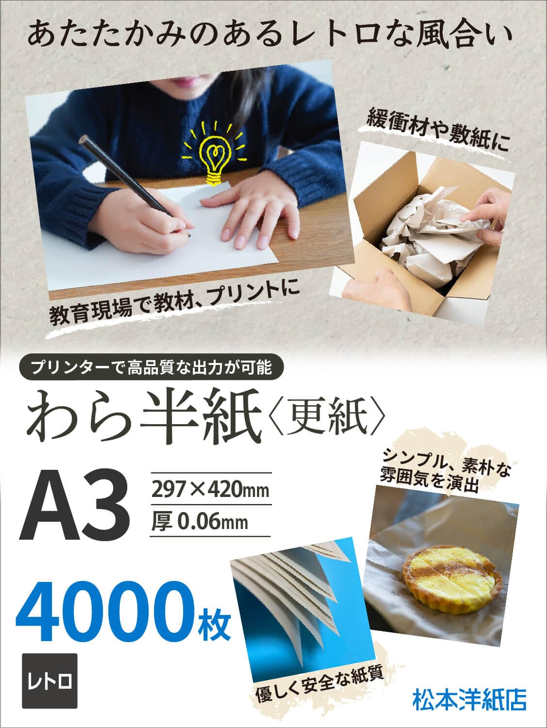 Amazon | 松本洋紙店 わら半紙 更紙 A3サイズ 297mm×420mm 厚み0.06mm