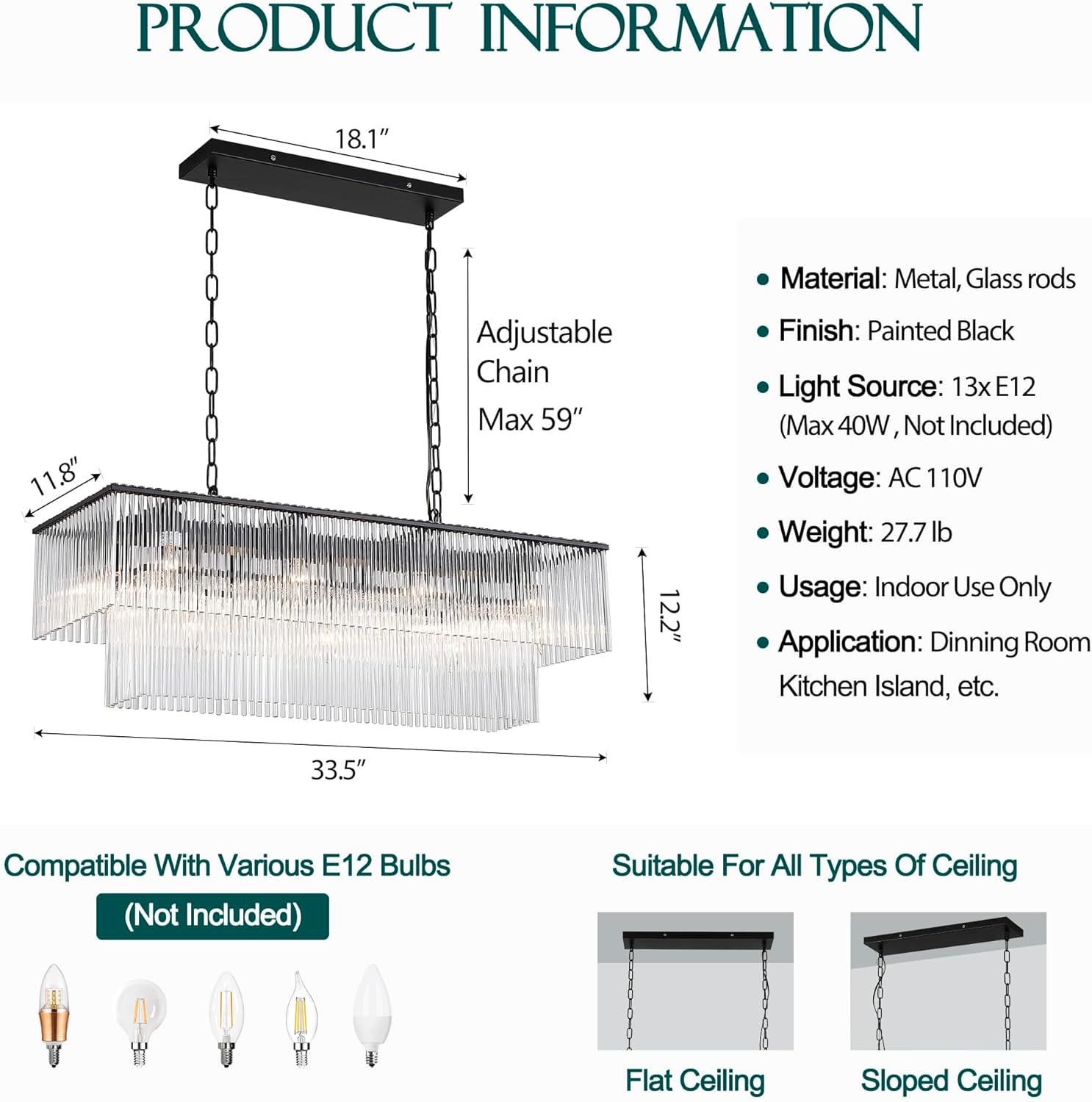 L33.5 Modern Rectangle Crystal Chandelier Black Linear Luxury Chandelier Glass Pendant Light Fixture Hanging Ceiling Light for Dining Room Living Room Kitchen Island 13-Light