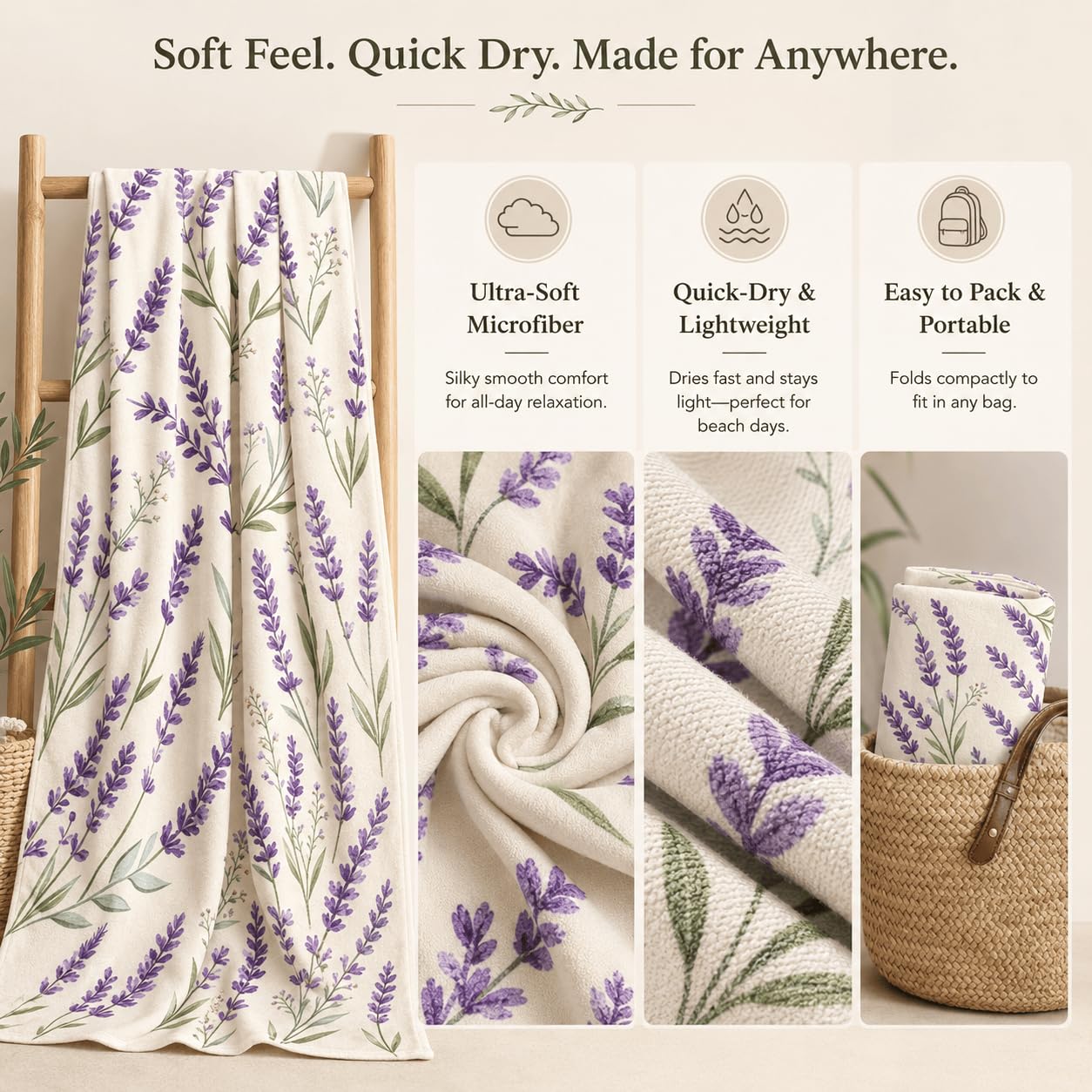 Serviette de Plage Tiges De Lavande Microfibre Rapide 200x200 cm