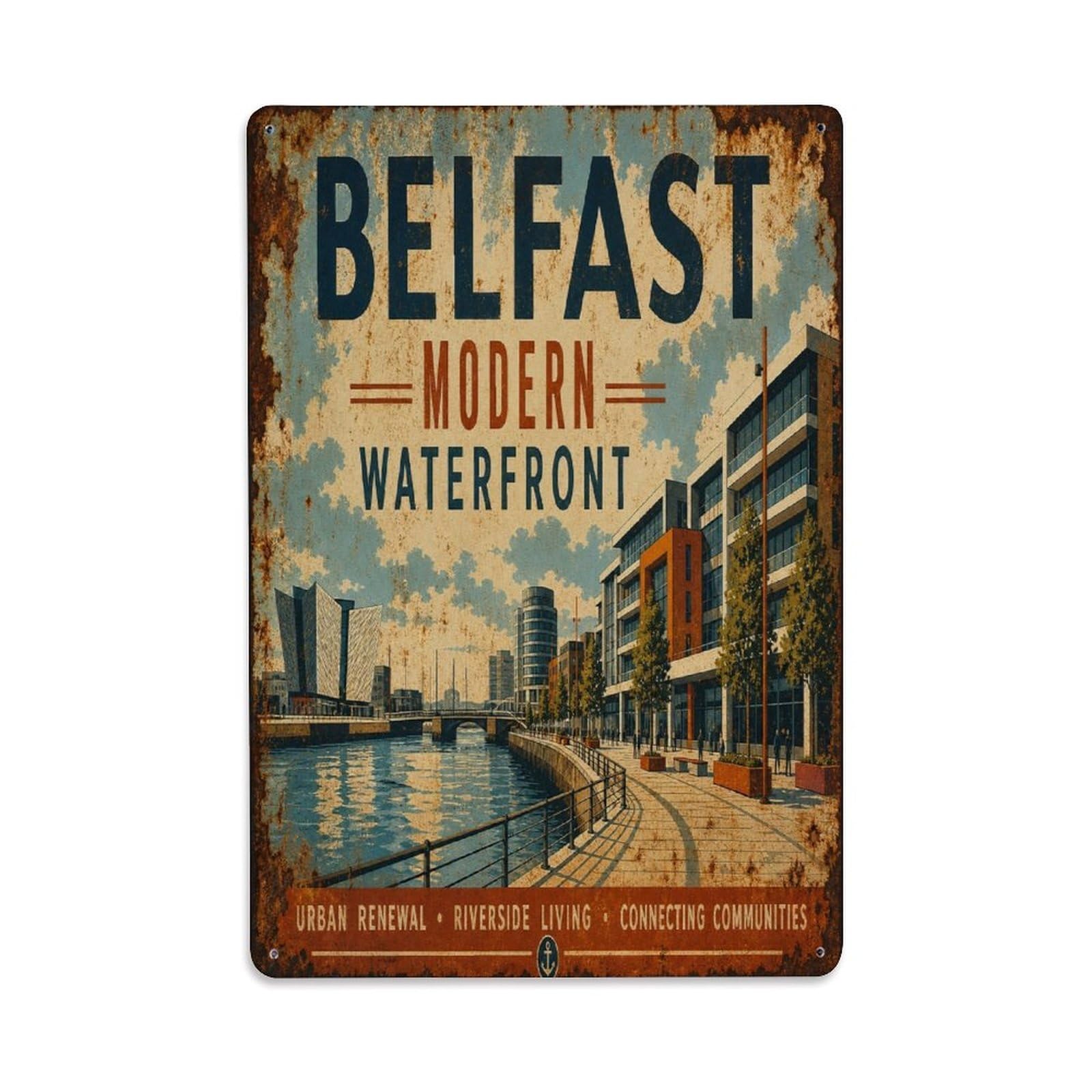 Belfast Lagan River Vintage Riverside Walk Metal Tin Sign Plaque Wall Decor for Cafe, Man Cave, Club Bar, Office, Home Garden Round Metal Poster 8x12Inch