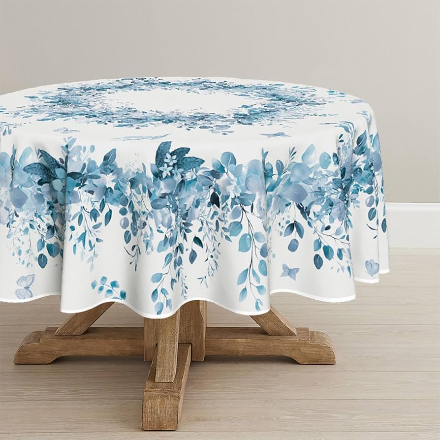Horaldaily Spring Tablecloth 60×60 Inch Round, Eucalyptus Floral Blue Table Cover for Party Picnic Dinner Decor