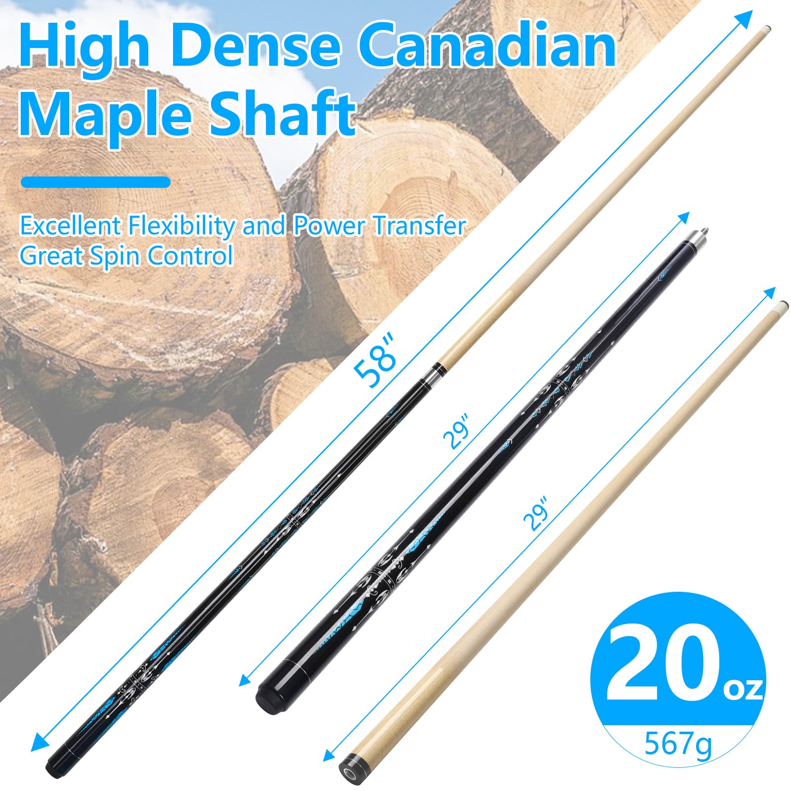 Queue de billard en bois d'érable de 147,3 cm, 2 pièces, 13 mm, 45,7 cm, 50,8 cm, 595,3 g pour bar, maison, table de billard, sport