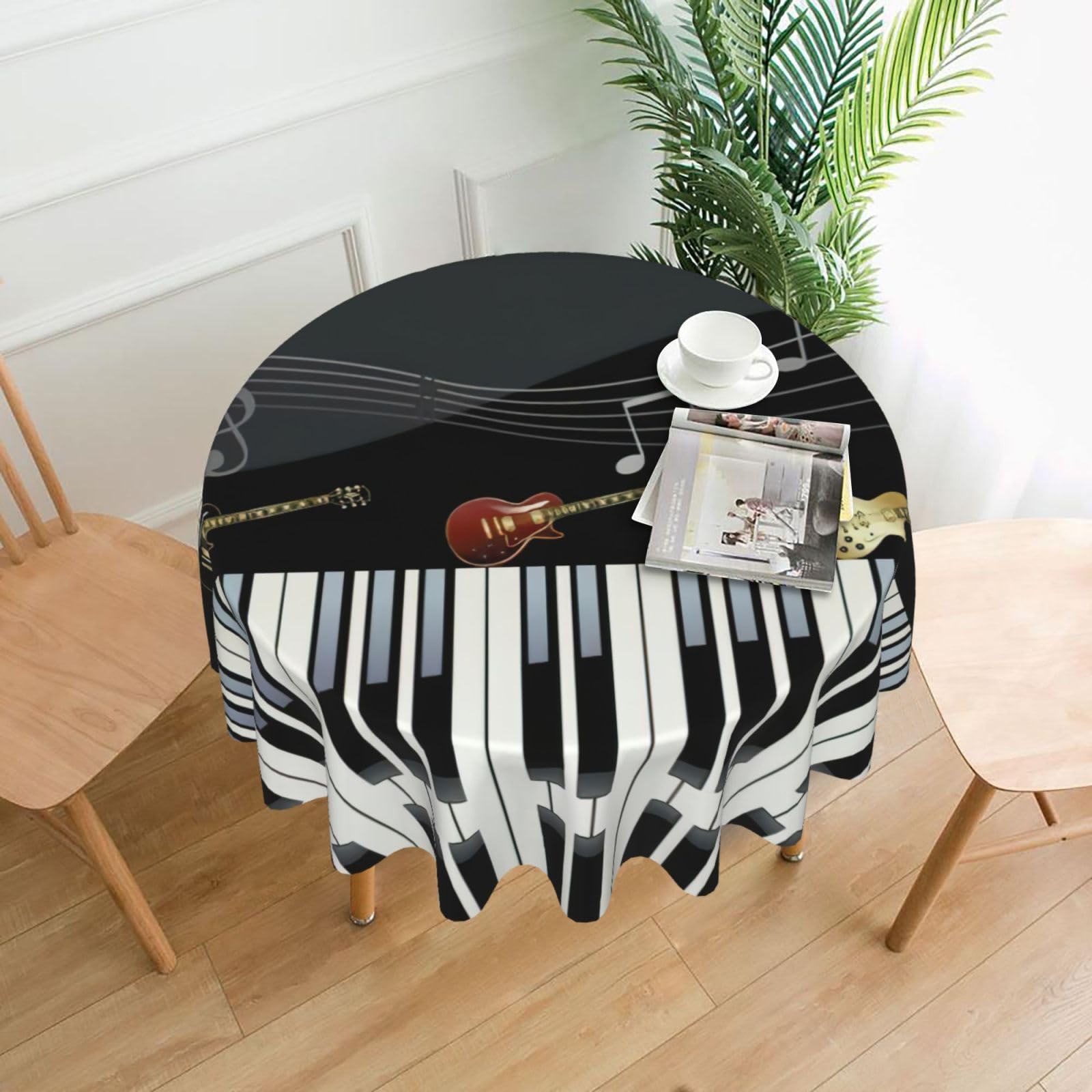 Zcmkjlg Guitar Piano Pattern Print Quick Ship Round Tablecloth 60in Polyester Washable Cover for Dining Room